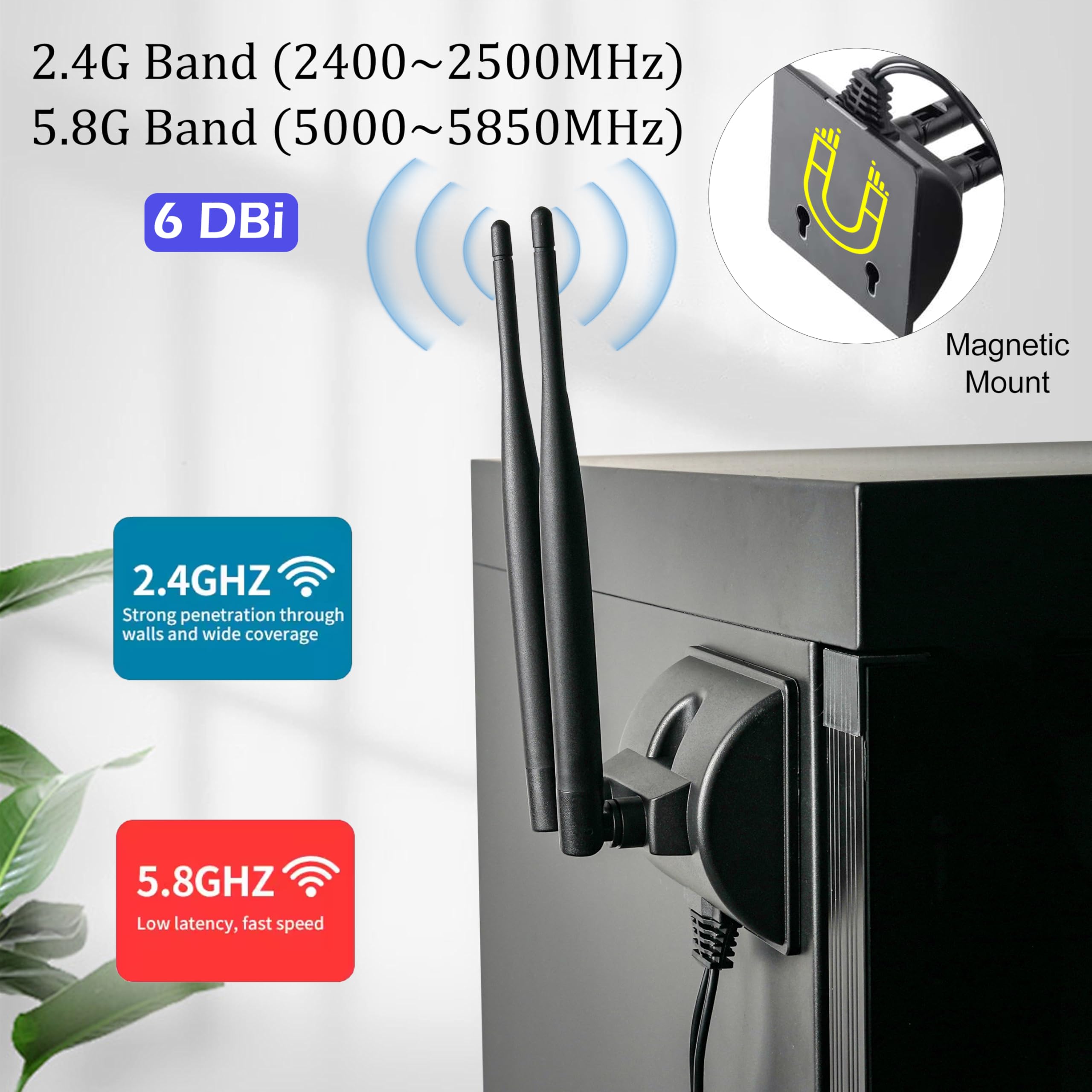 Geekstory WiFi Antenna with RP-SMA Male Connector 2.4G 5.8G Dual Band 6dBi WiFi Antenna Magnetic Base 1.2m Cable for Wireless Router WiFi Network Card