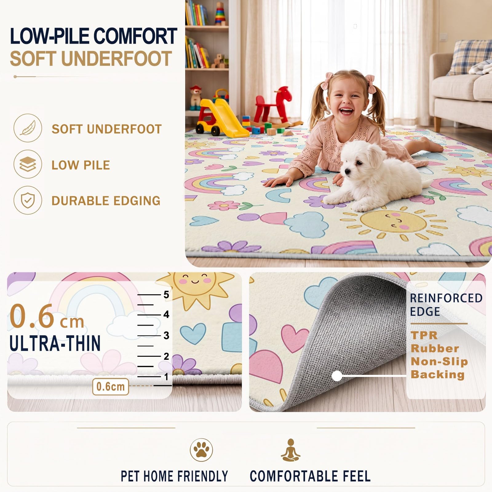 Playful Kids Area Tappeto 80 x 120 cm, beige, per soggiorno, camera da letto, decorazione per la casa, grazioso arcobaleno sole nuvola, tappeto ultra morbido antiscivolo per interni
