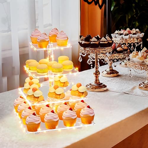 Miniatura 9 de weddingwish Soporte para cupcakes, soporte cuadrado de acrílico de 4 niveles con cadena de luces LED, torre de postre para pastelería para
