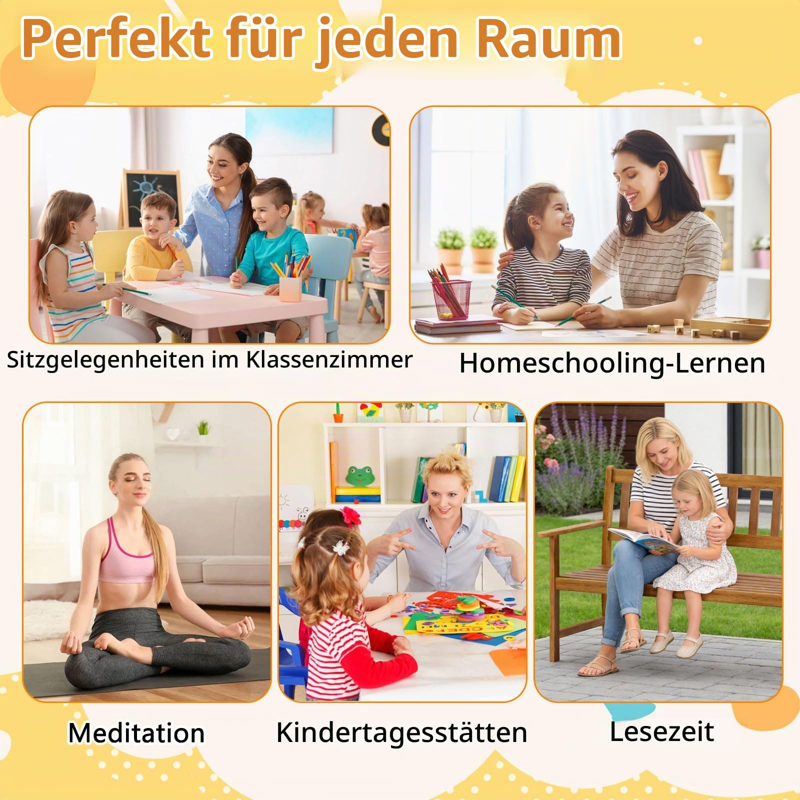 12er-Pack Kinder-Bodenkissen, Schaumstoffsitz mit Griff und abnehmbarem Bezug, flexible Sitzgelegenheiten für Klassenzimmer, Grundschule, Regenbogenfarben, für Tatami-Kindertagesstätten, Meditation