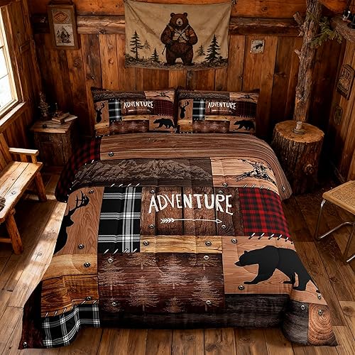 Juego de cobijas rústicas de cabaña tamaño individual, juego de ropa de cama de granja para niños y niñas, decoración de cabaña marrón, colcha con