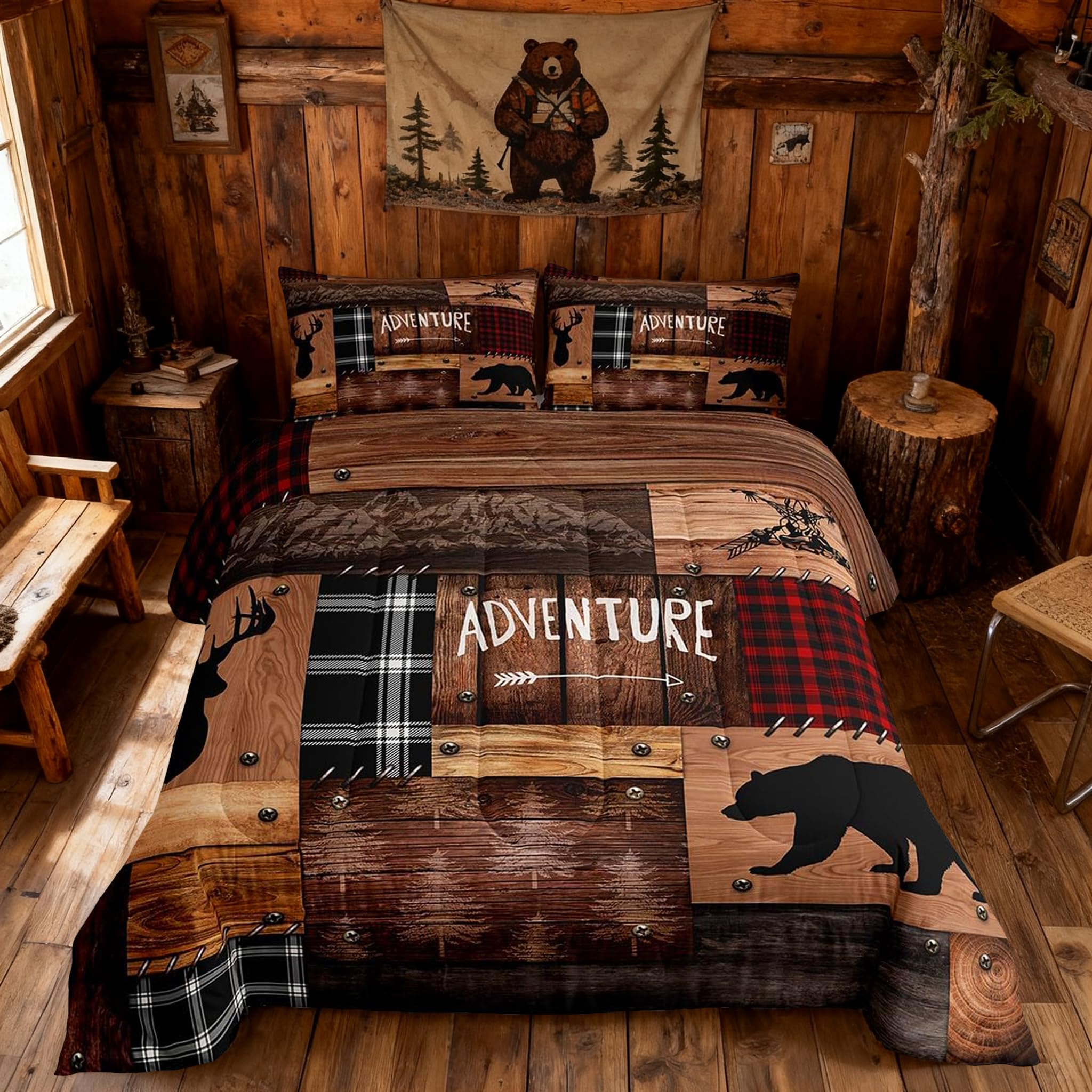 Rustic Cabin Comforter Set Twin Size,Farmhouse Bedding Set Kids Boys Girls Brown Cabin Decor,Hunting Animals Bedspread Bear Deer WildlifeDuvet Insert