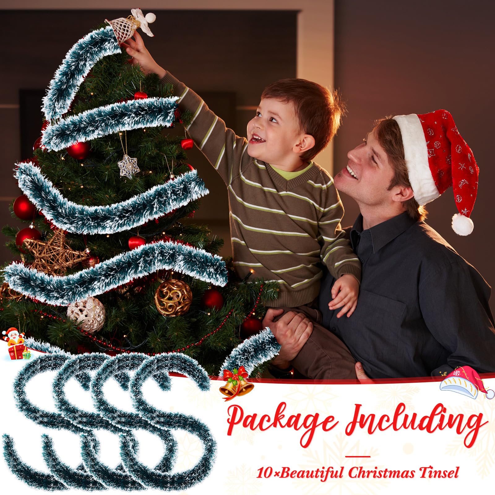 Cindeer 66 Feet/20 Meters Christmas Tinsel Garland Decoration Chunky Thick Garland Hanging Luxury Tinsel for Christmas Party Indoor and Outdoor Decor(Green,White) - Image 2