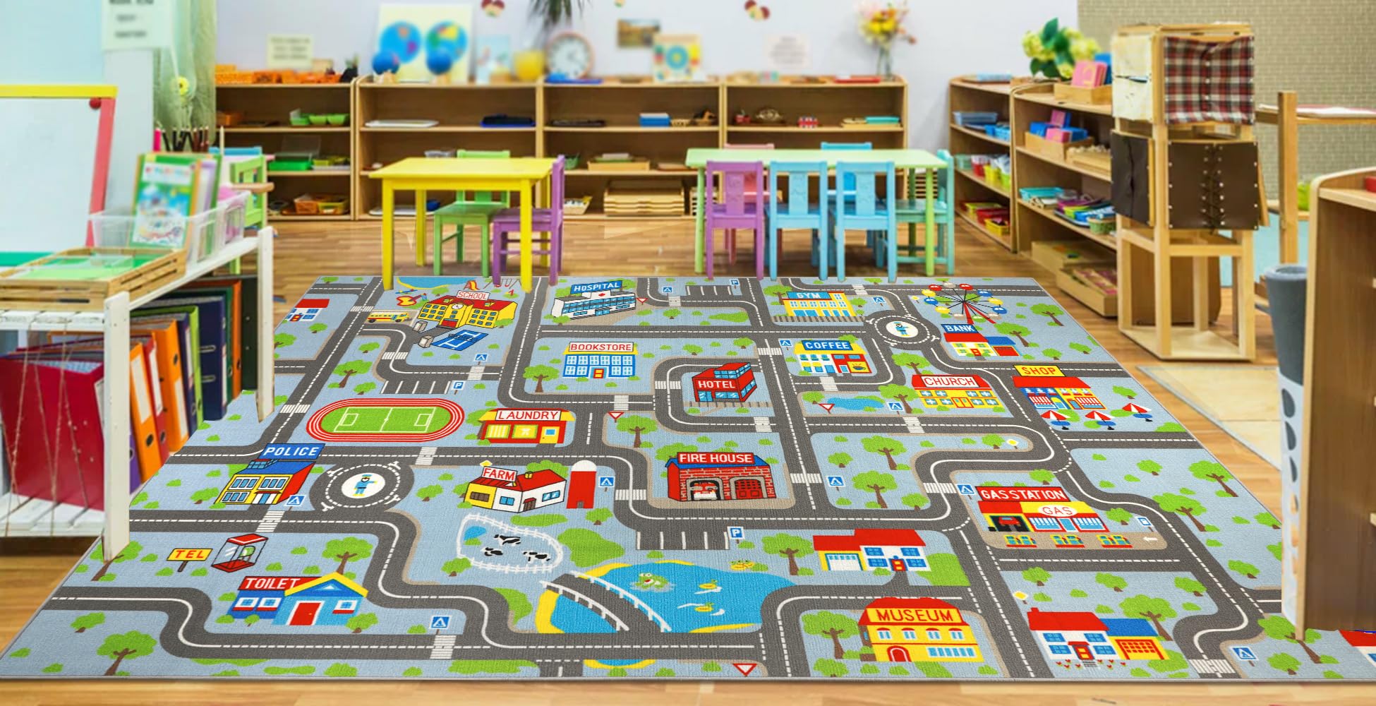 Capslpad Sky Blue Car Road Kid Rug Carpet Playmat for Playoom Traffic Road Kids Play Mat for Toddler Non Slip Washable City Map Race Track Carpet Rug