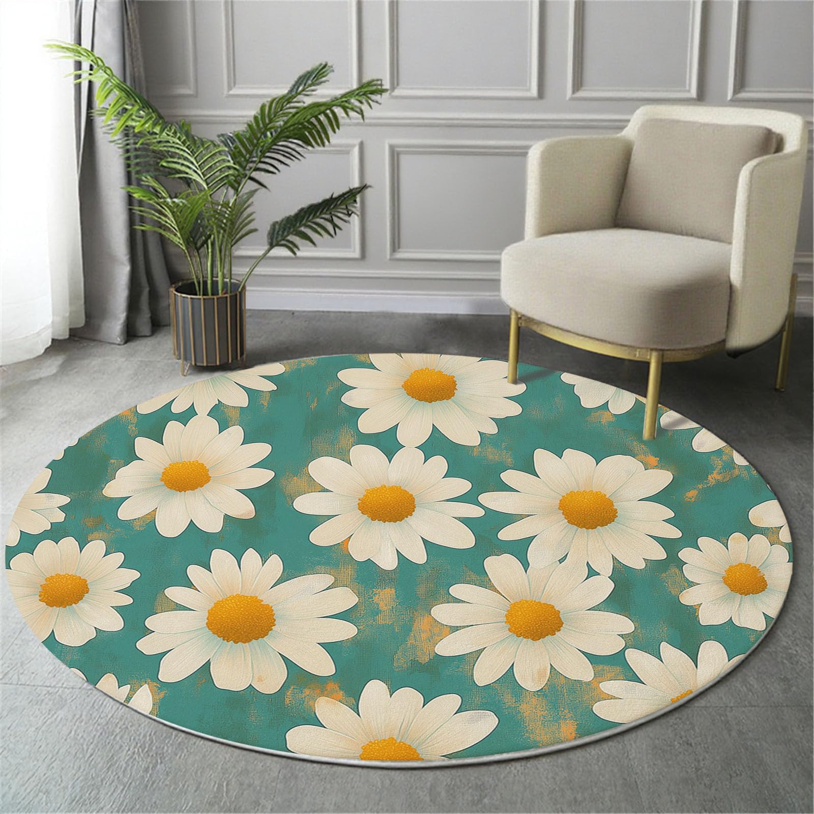 Tapis rond marguerite blanche vert clair 180cm doux grand tapis salon chambre