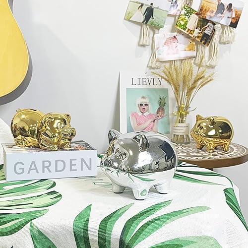 Miniatura 4 de Ceramics Pig Piggy Bank for Adults, Saving Money Bank for Kids, Cute Coin Bank Decorative for Home, Kid's Birthday Gifts (Silver -Piggy1)