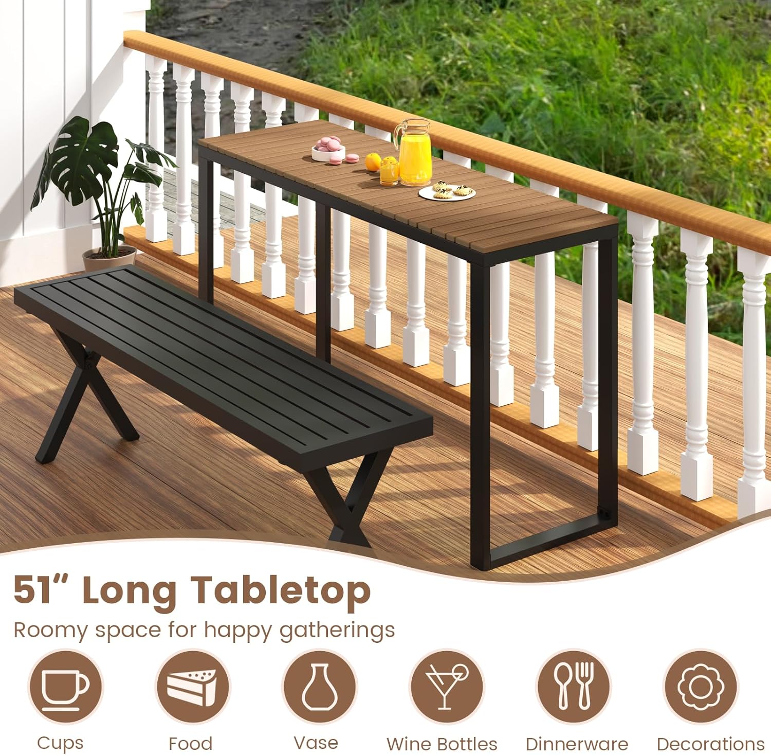 HAPPYGRILL Outdoor Rectangle Console Table with Metal Frame & Foot Pads, for 4-6 People, Patio Bar Dining Table for Backyard, Porch, Deck