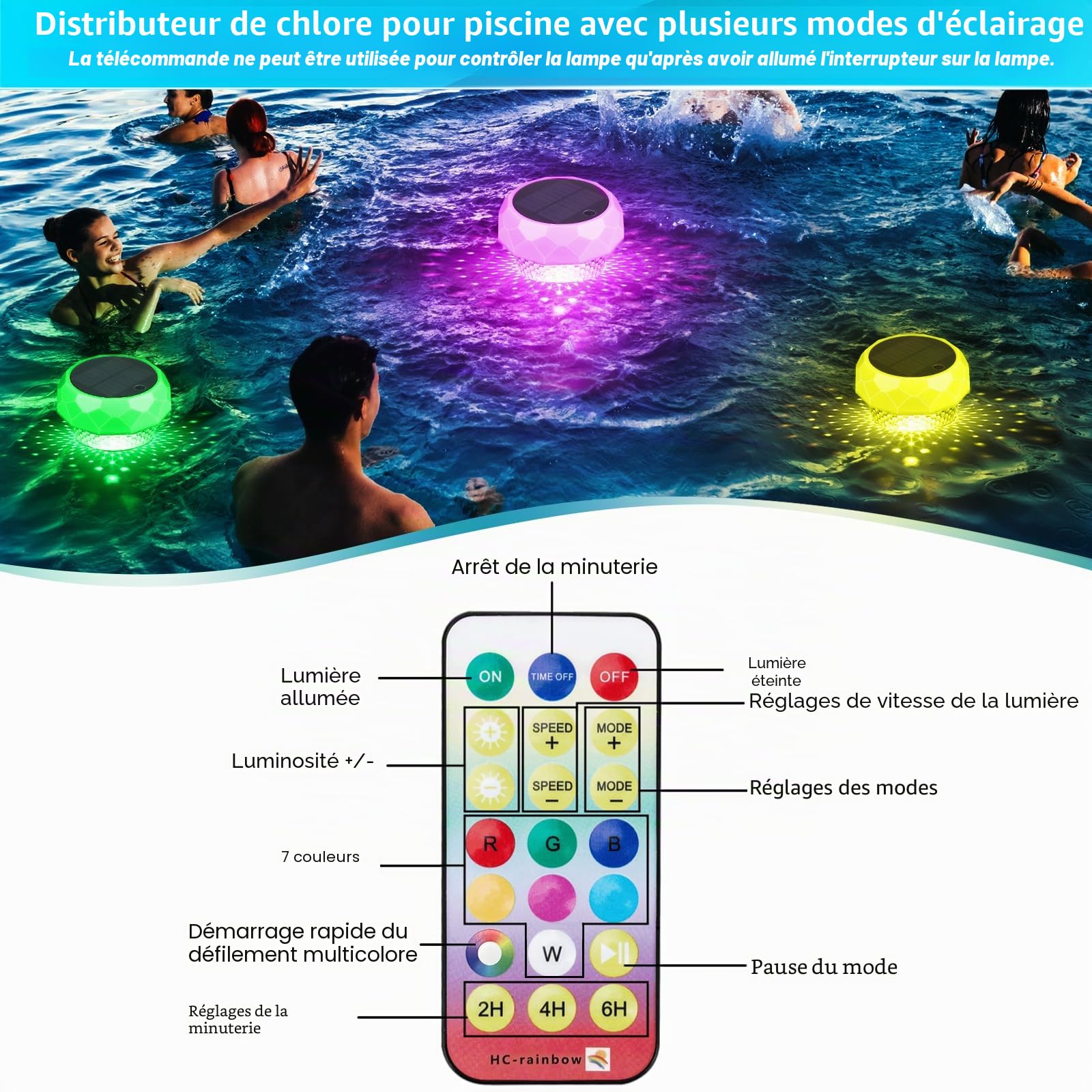 Qoolife Flotteur de chlore de piscine avec lumière solaire, distributeur de chlore flottant pour tablettes de 2,5 cm et 7,6 cm, distributeur de chlore flottant avec télécommande et réglable pour