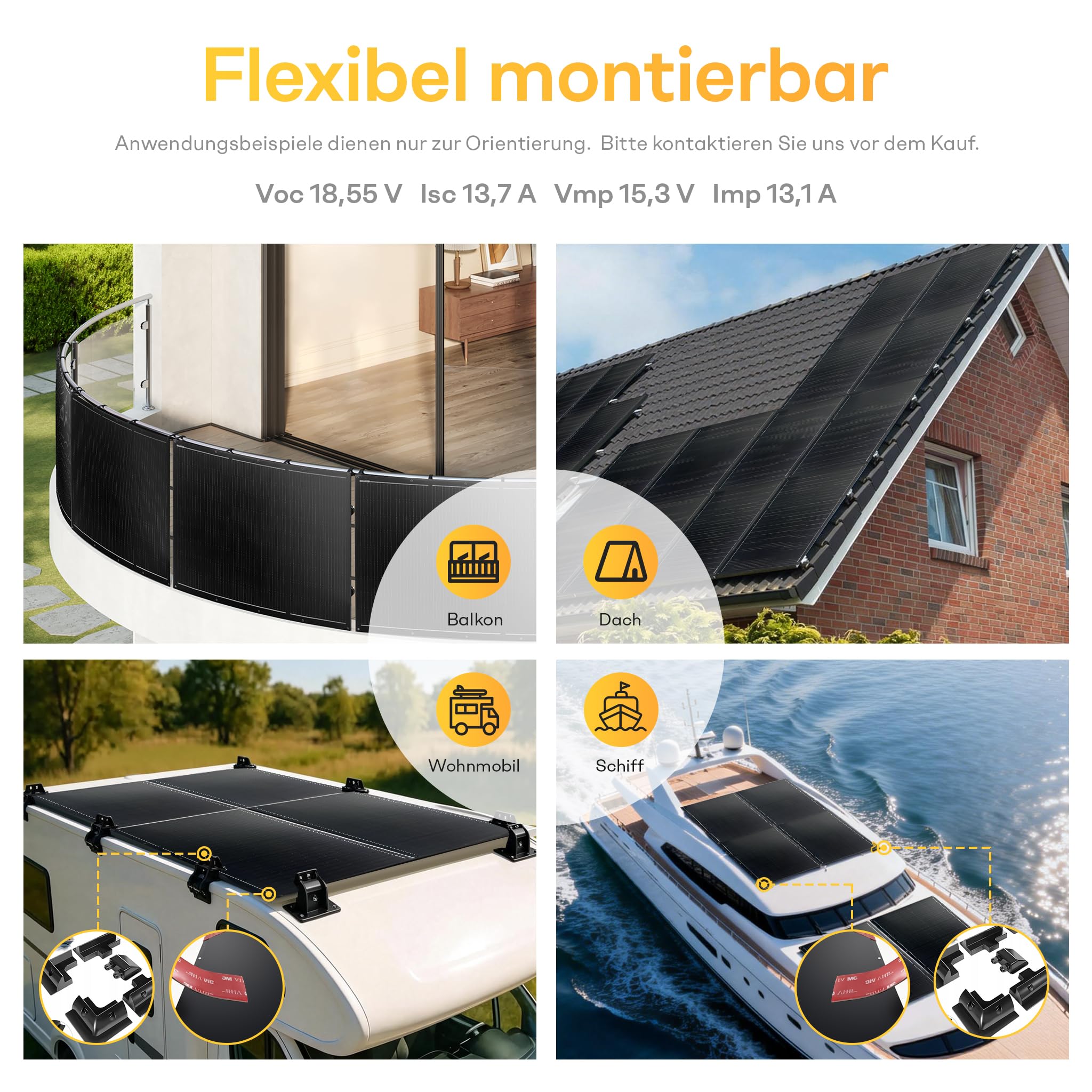 Flexibles Solarpanel 2x200W | Voc 18,55 V · Isc 13,7 A · Vmp 15,3 V · Imp 13,1 A | Monokristallin, Glasfaser-Laminat | Leicht & Biegbar | Ideal für Balkon, Dach & Gartenzaun | Junction Box hinten
