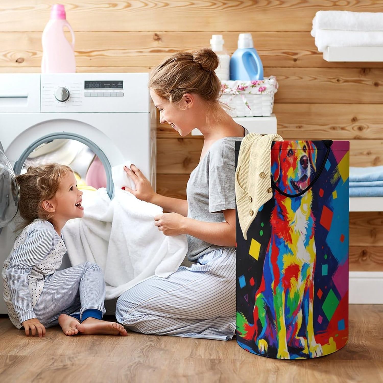 Colorful Dog Laundry Hamper 86L Waterproof Collapsible Clothes Basket with Double Handles Freestanding Foldable Laundry Basket Large Clothes Hamper for Bathroom