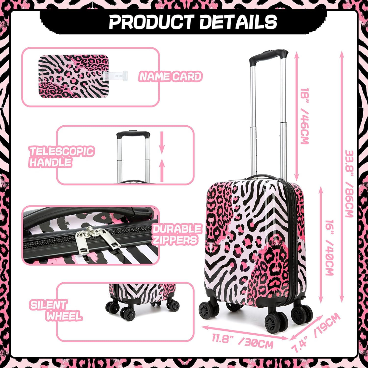 Kids Luggage with Spinner Wheels 5 Piece Carry on Suitcases for Girls Backpack with Lunch Box Pencil Case 16" Toddler Suitcase Set Airline Approved (Pink Leopard)