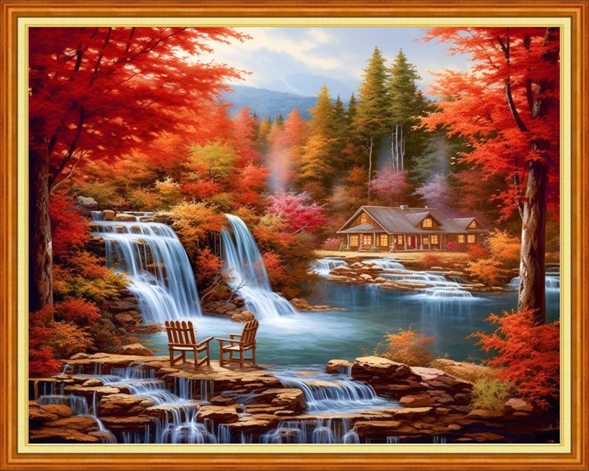 Dooxvey Cross Stitch Kits for Adults Stamped Full Range of Embroidery Starter Kits for Beginners 11CT Printed Cross Stitch Patterns Needlepoint Kits Stamped Crossstitch-Autumn Waterfall 16x20 inch