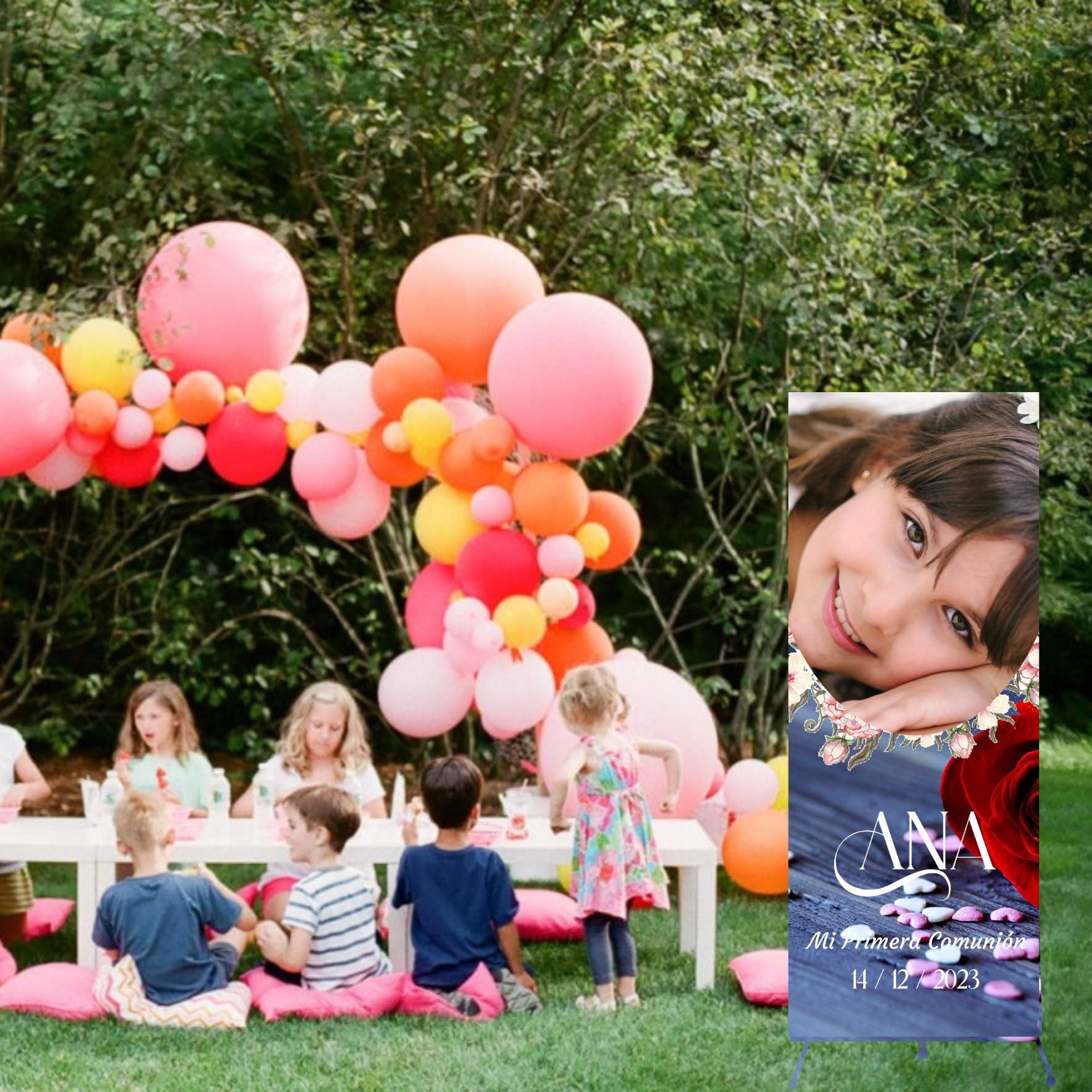 Cartel Bienvenida Comunión Niña Personalizado con Foto – Photocall Decorativo para Fiesta de Comunión – Incluye Soporte y Funda (Rustico Marino)