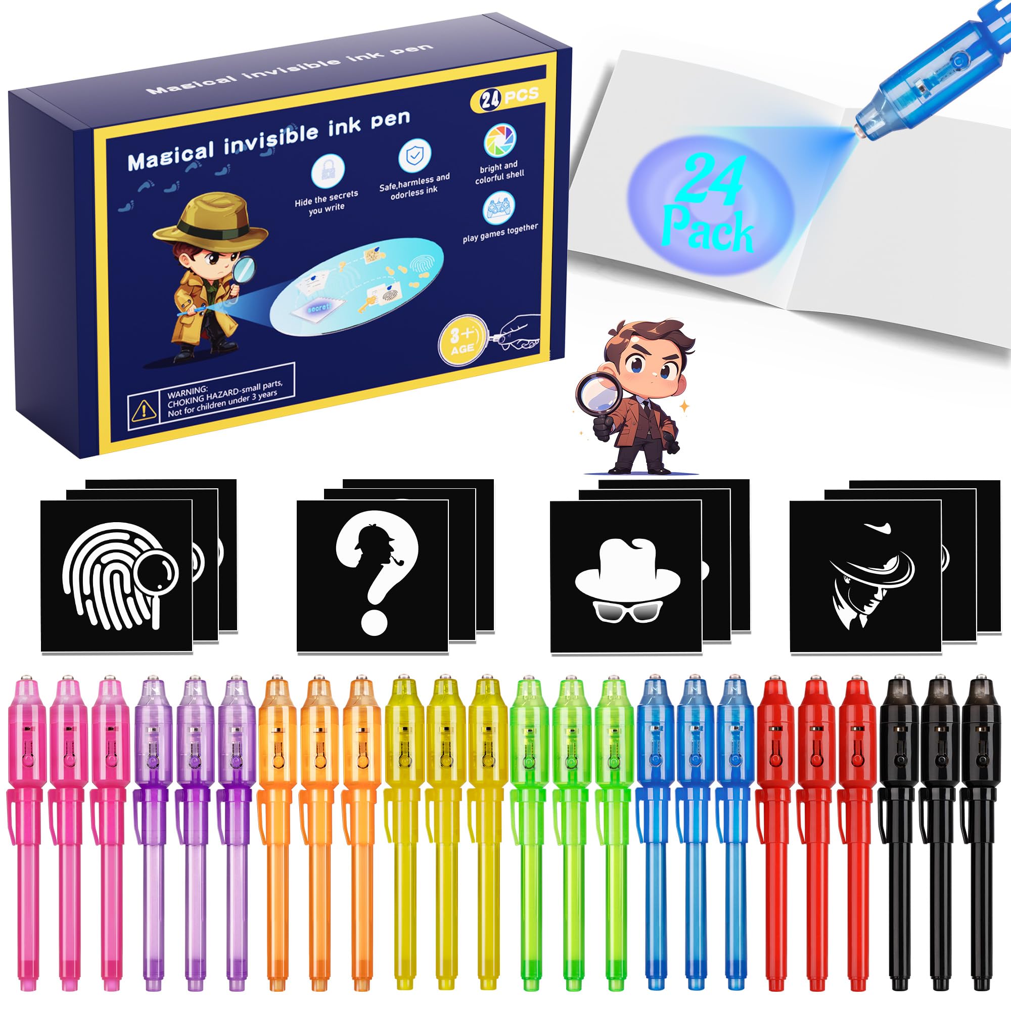 inkipen Invisible Ink Pen 24Pcs+ Notebooks, Spy Pens with UV Light, Magic Marker, Classroom Prize, Birthday Party Favors for Kids 8-12, Kids Stocking
