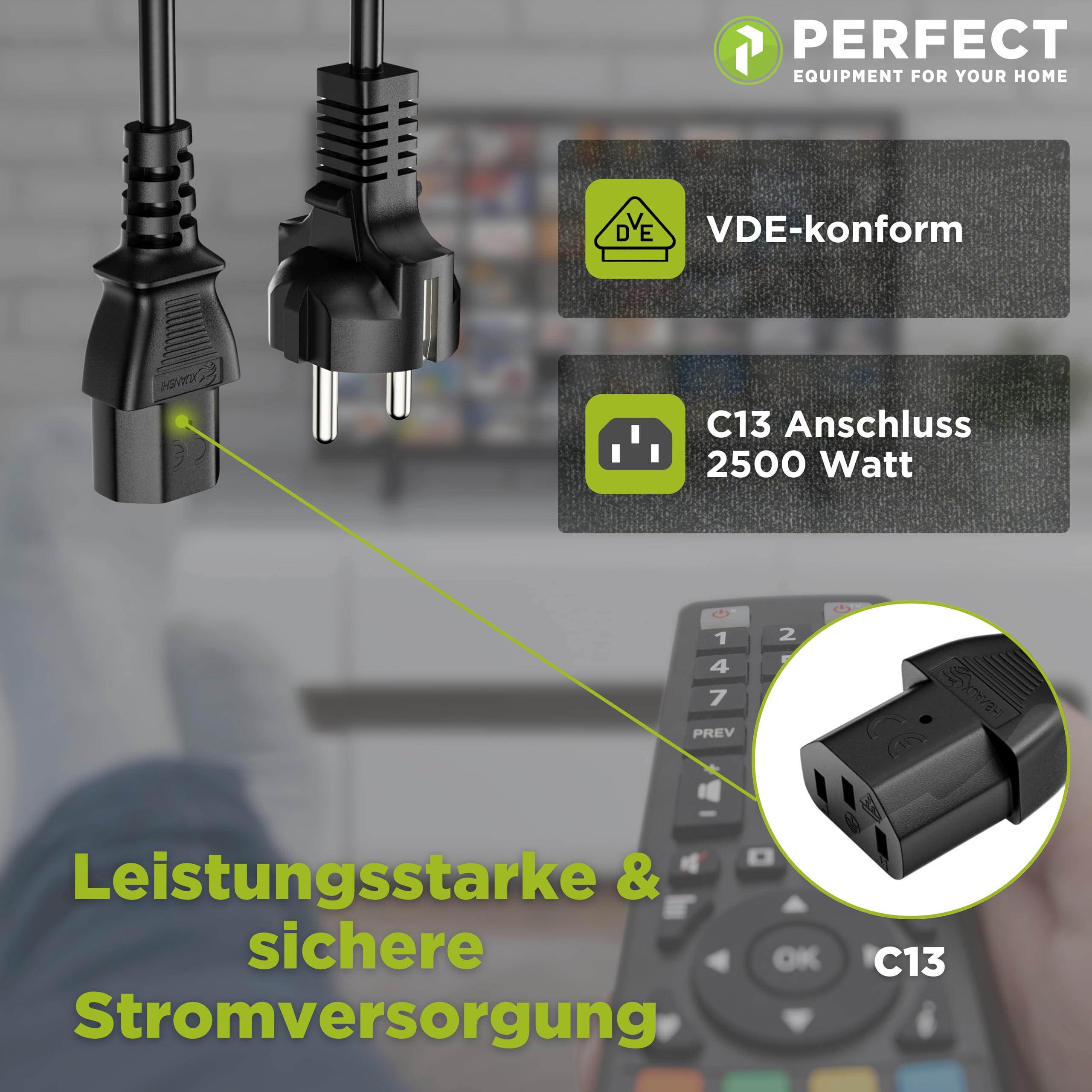 Perfect kabel zasilający do urządzeń zimnych, 3-biegunowy, 3,0 m, wtyczka sieciowa, styk ochronny na sprzęgło urządzenia zimnego C13, kabel zasilający, zasilacz sieciowy do monitora, drukarki PC,