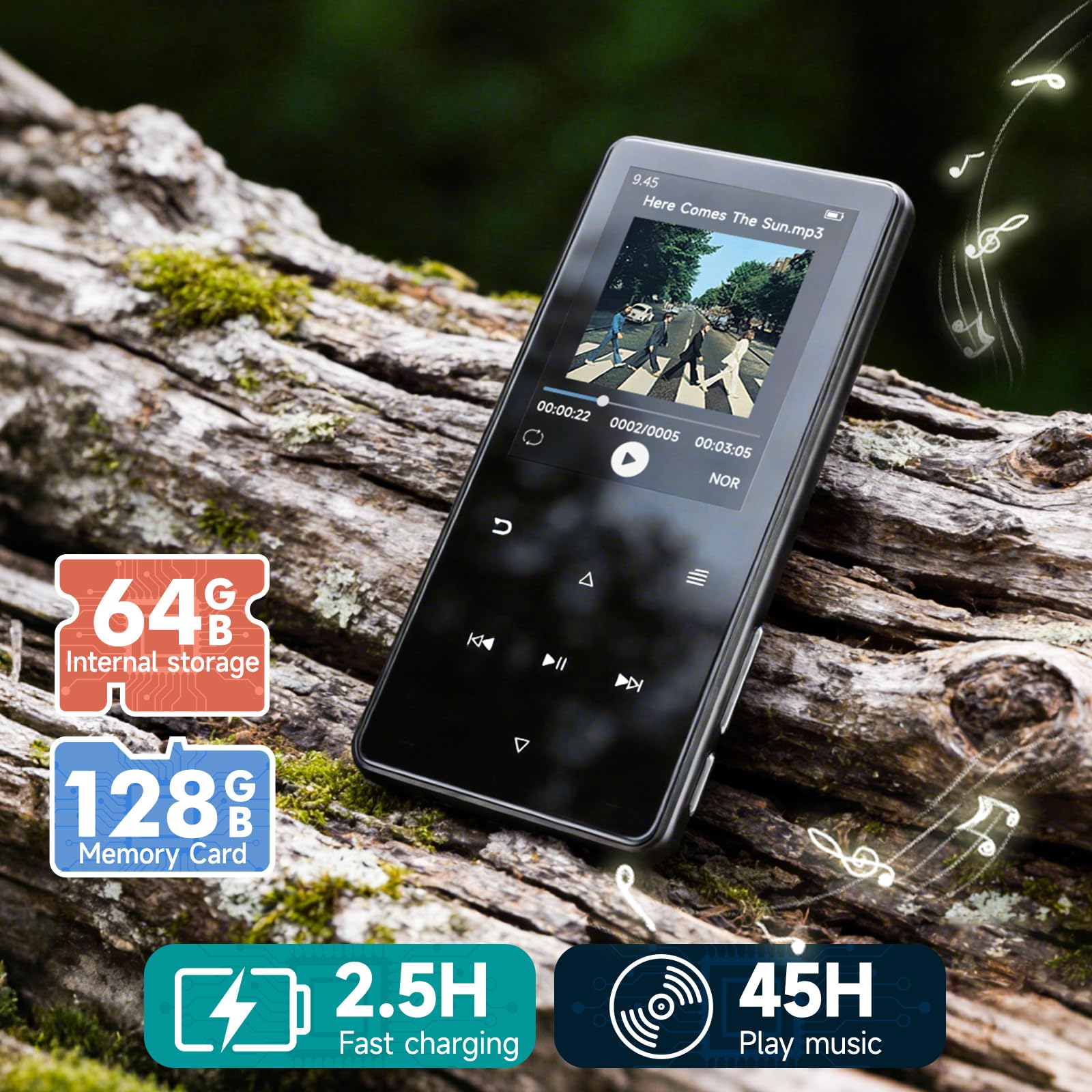 MP3 Player mit Bluetooth 5.3, 64GB und 2,4" Display – Mit Touch-Tasten, Lautsprecher, Metallgehäuse, HiFi-Klang, 18 Schlafgeräuschen, FM-Radio, E-Book-Reader – Unterstützung bis zu 128 GB.