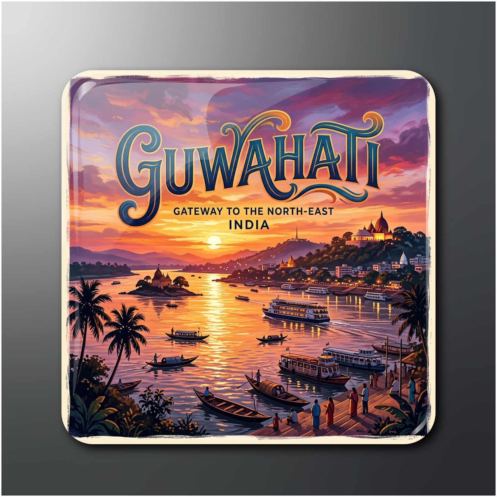 OPRYX Guwahati Assam Fridge Magnet - Gateway to the North-East India - Brahmaputra River Sunset Souvenir - Glossy Travel Decor, Multicolour, 5.08x5.08 CM, Square-image-9