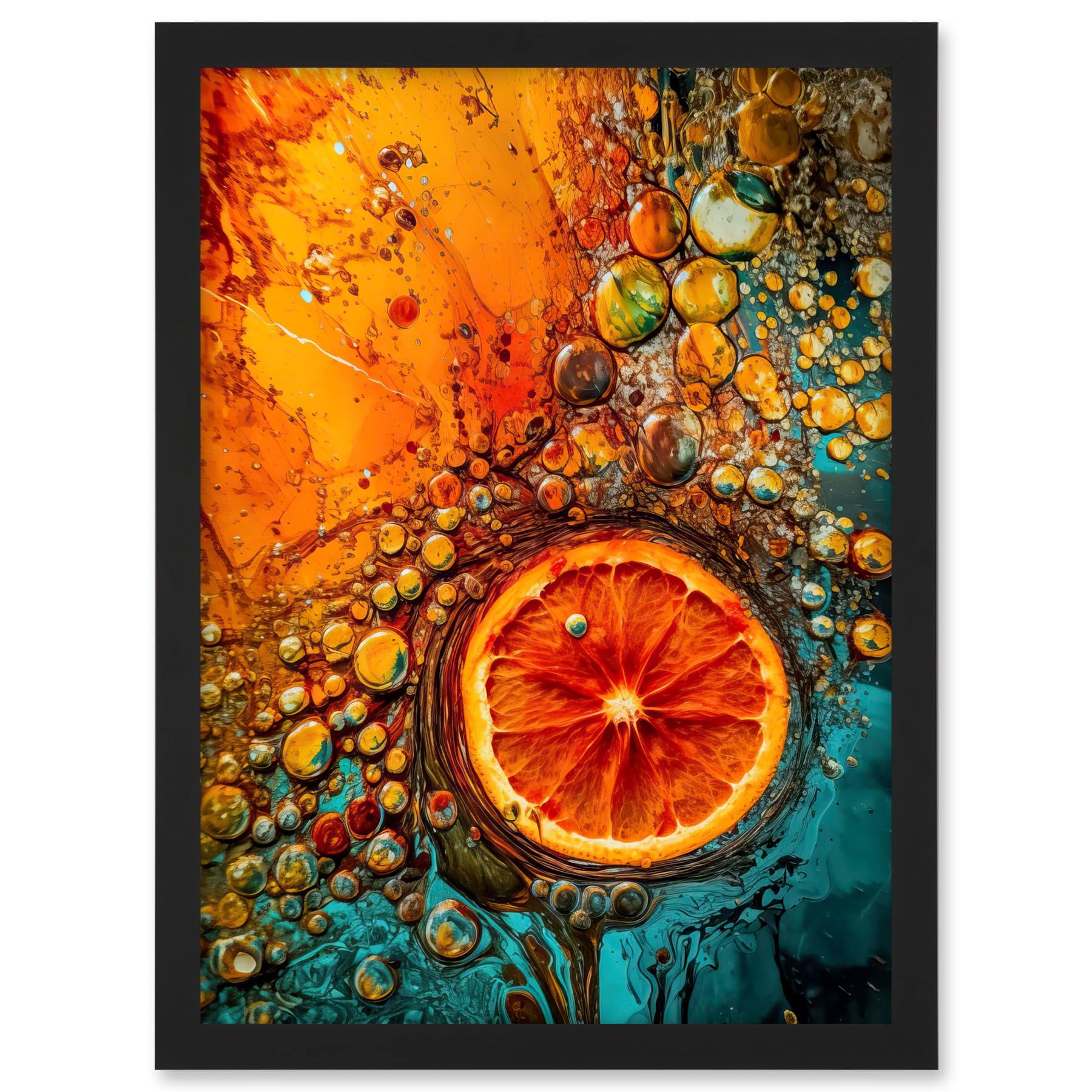 Artery8 Abstract Liquid Paint Dried Orange Fruit Slice Artwork Framed A3 Wall Art Print