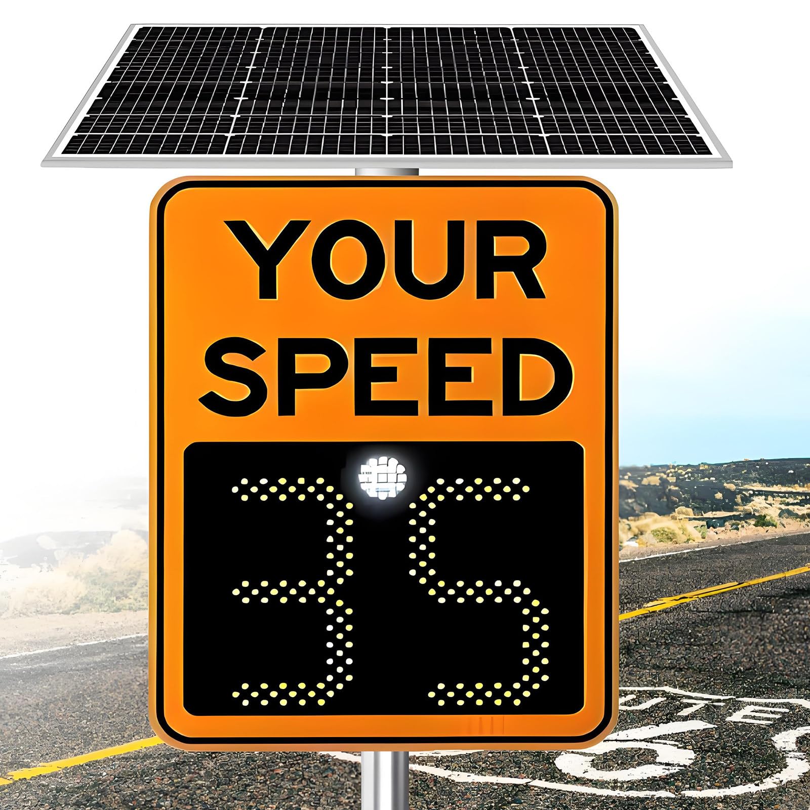 Señal de límite de velocidad con radar solar para seguridad vial, control remoto, gran pantalla digital, alimentada por energía solar para escuelas y seguridad en carreteras.