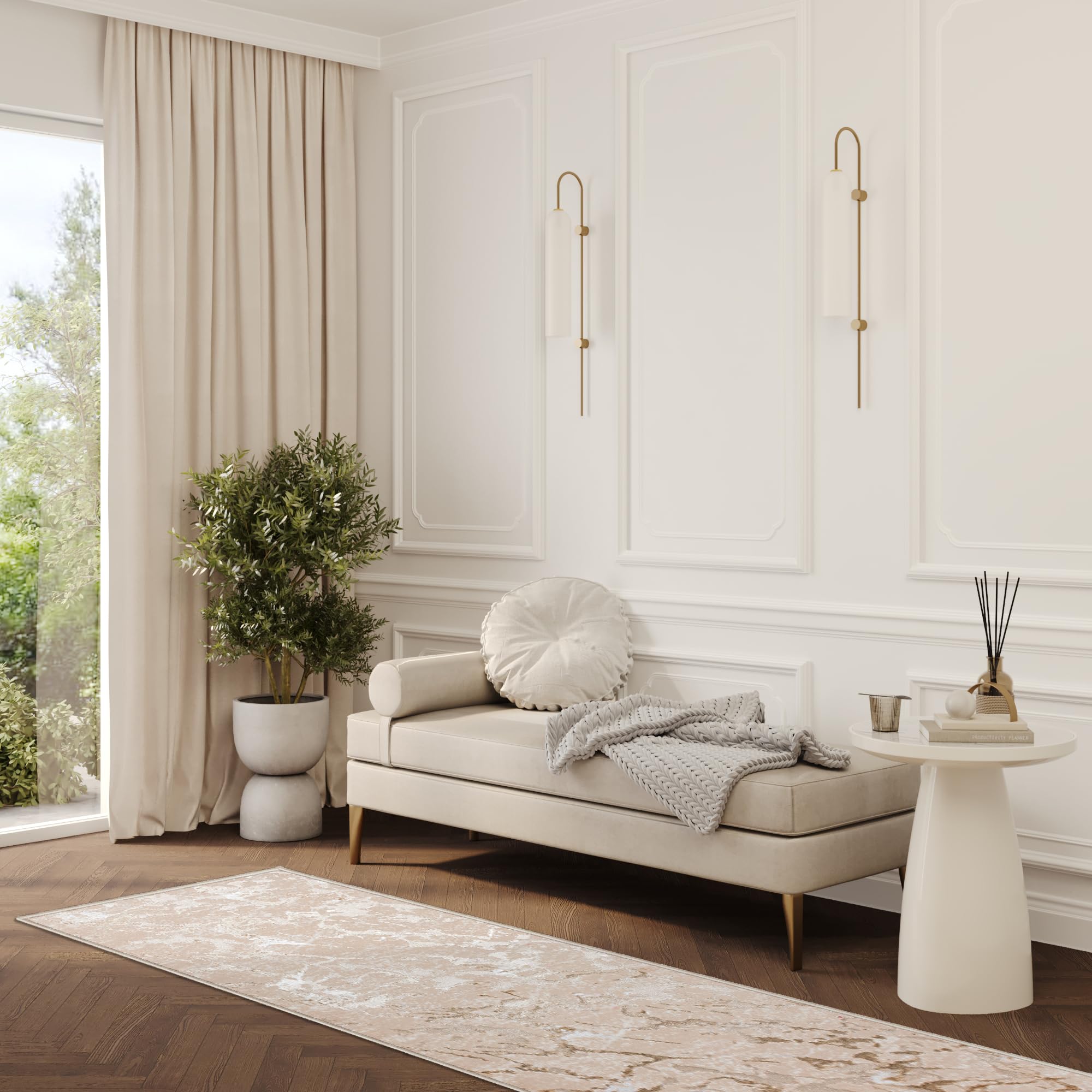 TAPISO Crystal Läufer Teppich Glänzend Beige Gold Creme Marmoreffekt Abstrakt Wohnzimmer Schlafzimmer Flur Korridor Modern Design ÖKO-TEX 80 x 200 cm