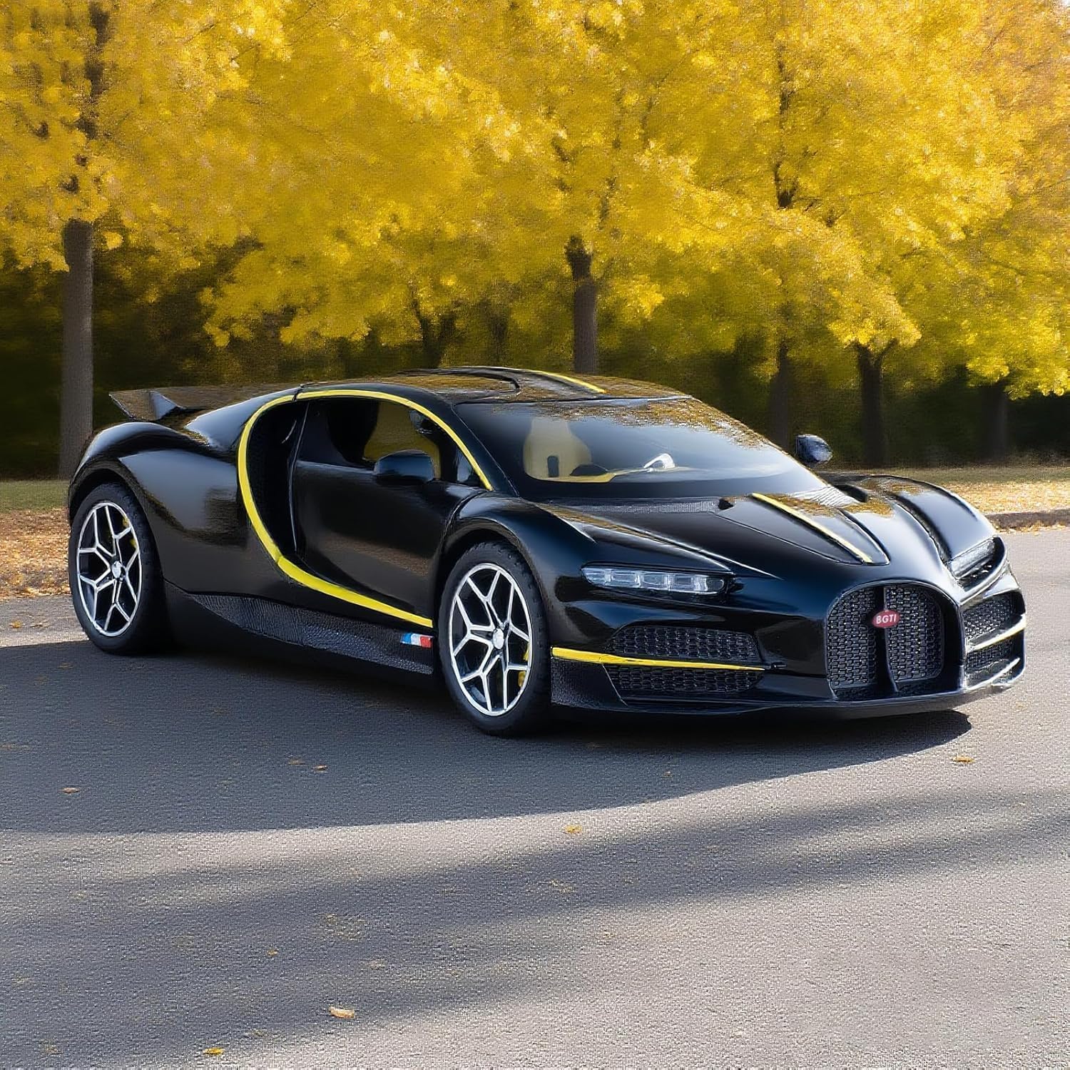 Ramith Toys Bugatti Divo Die-Cast Model Car, 1:32 Scale, Pull Back Function, Openable Doors, Light and Sound Effects (Black/Sky Blue)