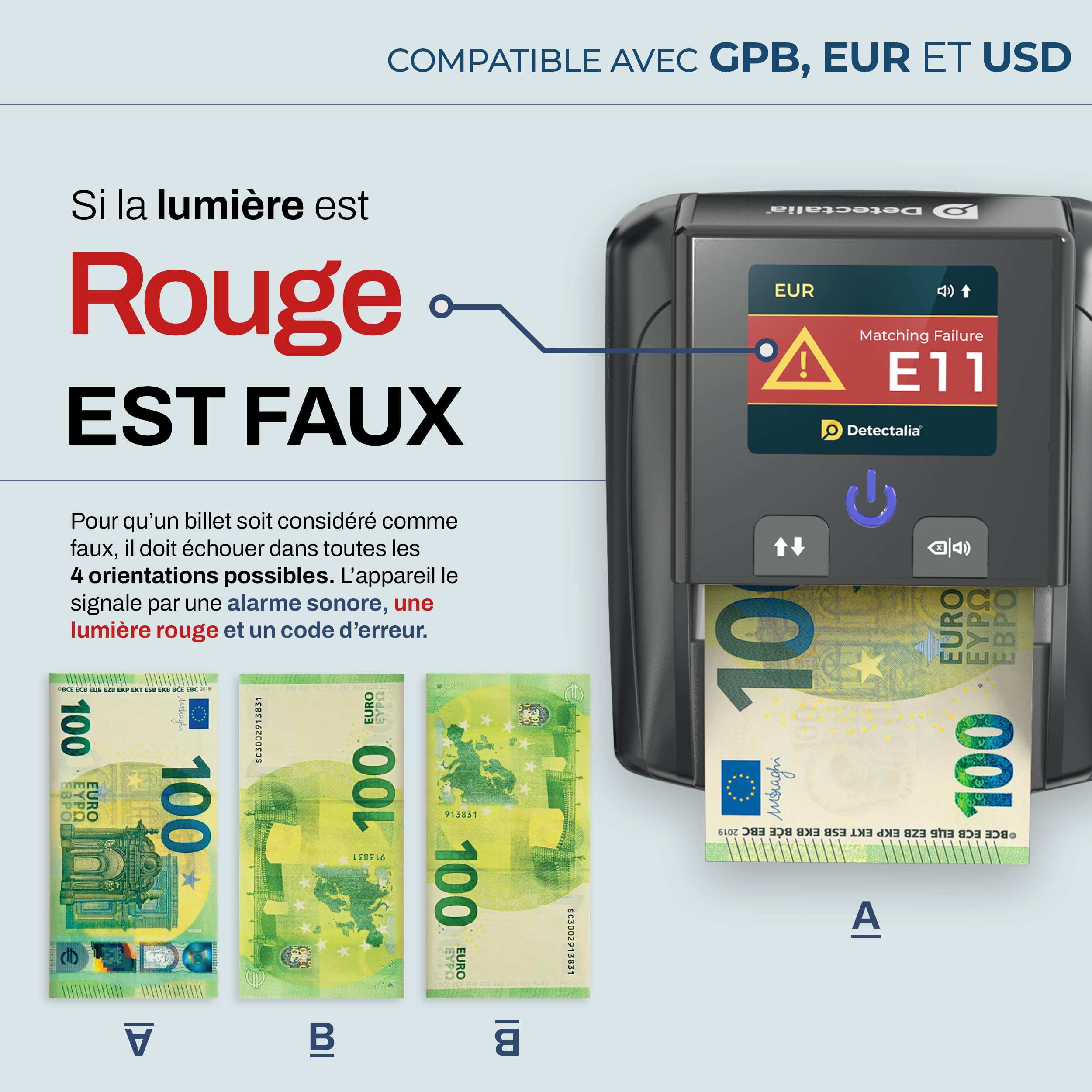 Detectalia D7T+ Détecteur de Faux Billets avec détection 100% et 5 systèmes de détection pour 3 devises EUR, GBP, USD et écran TFT