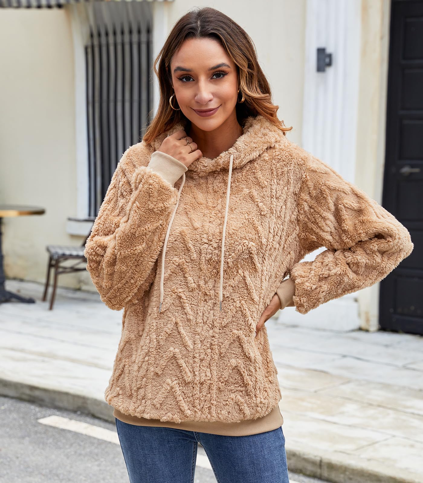 Sweat à Capuche Femme Pull à Capuche en Polaire Oversize Jacquard Cordon de Serrage Hoodie Pullover à Manches Longues