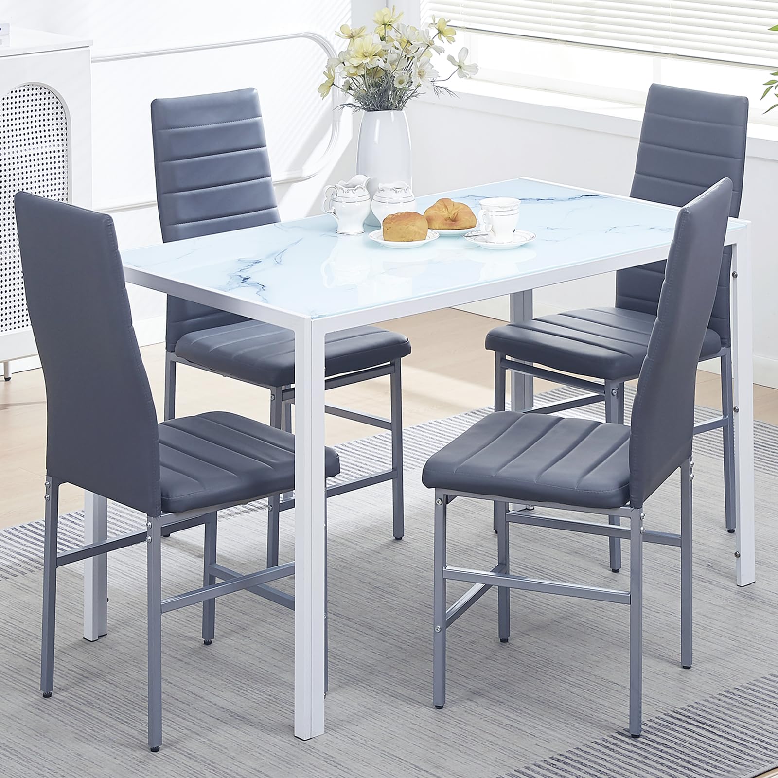 paonne 5 Pieces White Marble Dining Table and Chair Set for 4, Modern Glass Kitchen Table Set Rectangular Contemporary Glass Kitchen Table with 4 PU Chairs for Dinette/Restaurant — image 1
