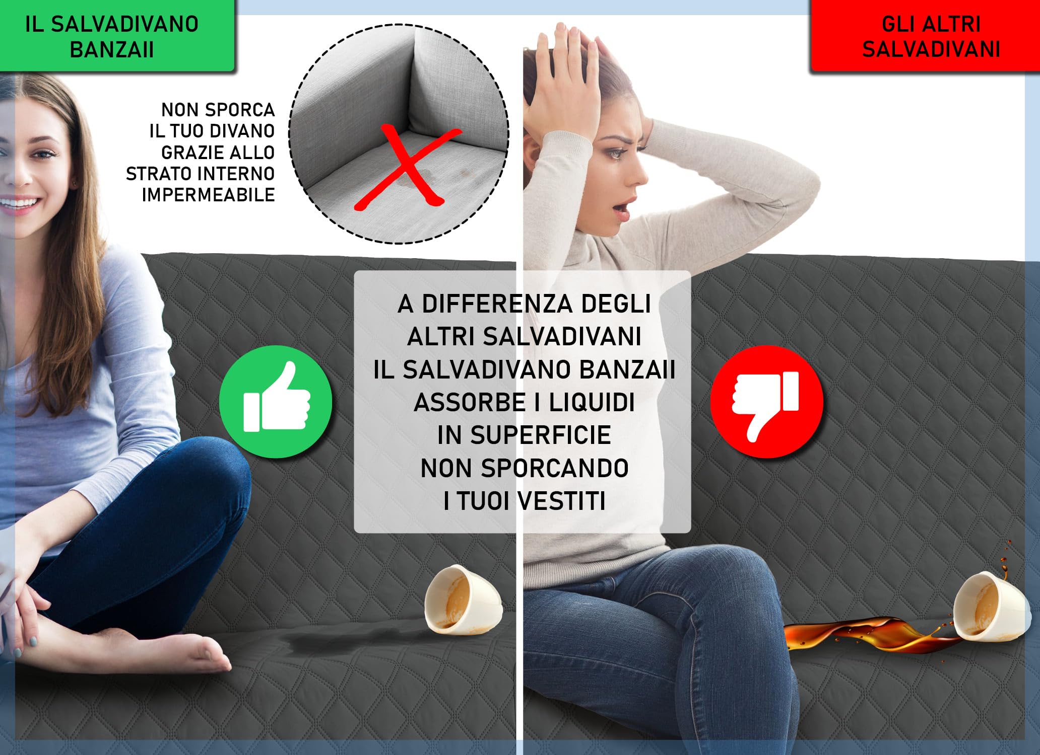 Banzaii copridivano con penisola impermeabile 3 posti, salvadivano antimacchia, trapuntato, reversibile con tasche porta oggetti – Grigio Scuro con Penisola Destra/Sinistra