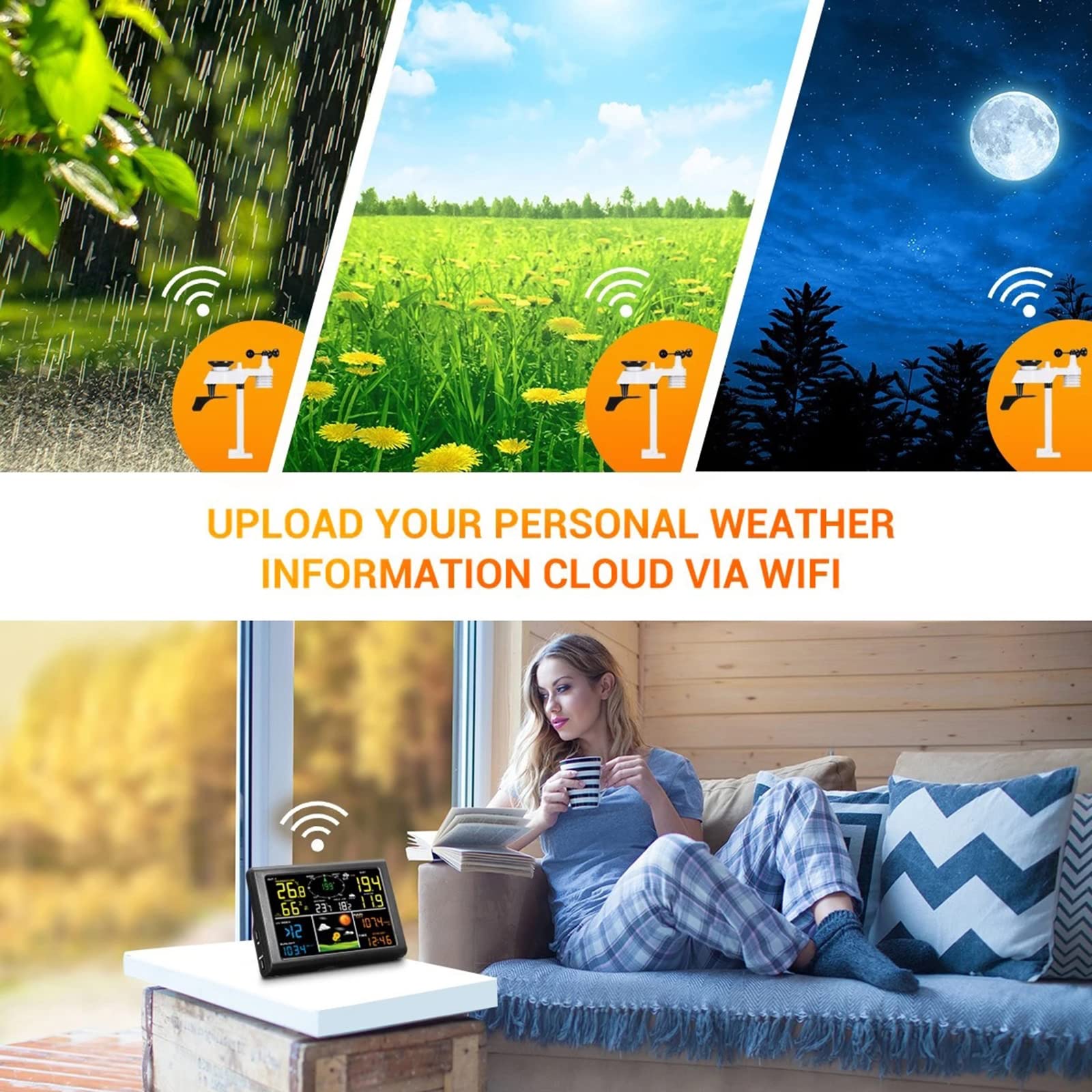 Estación meteorológica WiFi 7 en 1 con Internet inalámbrico y Sensor para exteriores, termómetro para interiores y exteriores, humedad, pluviómetro, anemómetro, registros de Valore
