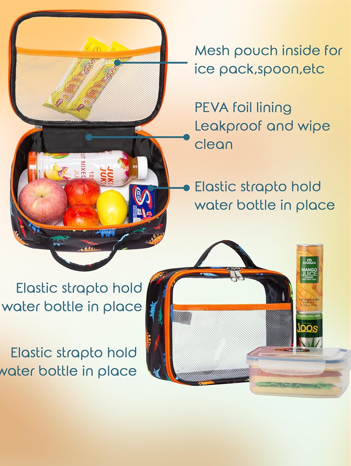 BLUEFAIRY Clear Backpack for School with Lunch Box for Kids Boys Girls Large PVC See Through Bookbag and Lunch Bag for Elementary 17 Inch Heavy Duty Transparent Bags for Stadium (Dinosaur, Orange) - Image 4