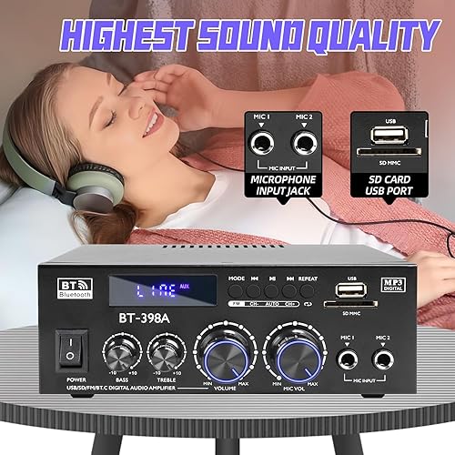 Miniatura 6 de BT-398A Amplificador de audio estéreo, receptor para altavoces Max 900W, receptor estéreo de 2.0 canales con radio FM, entradas ópticas y coaxiales