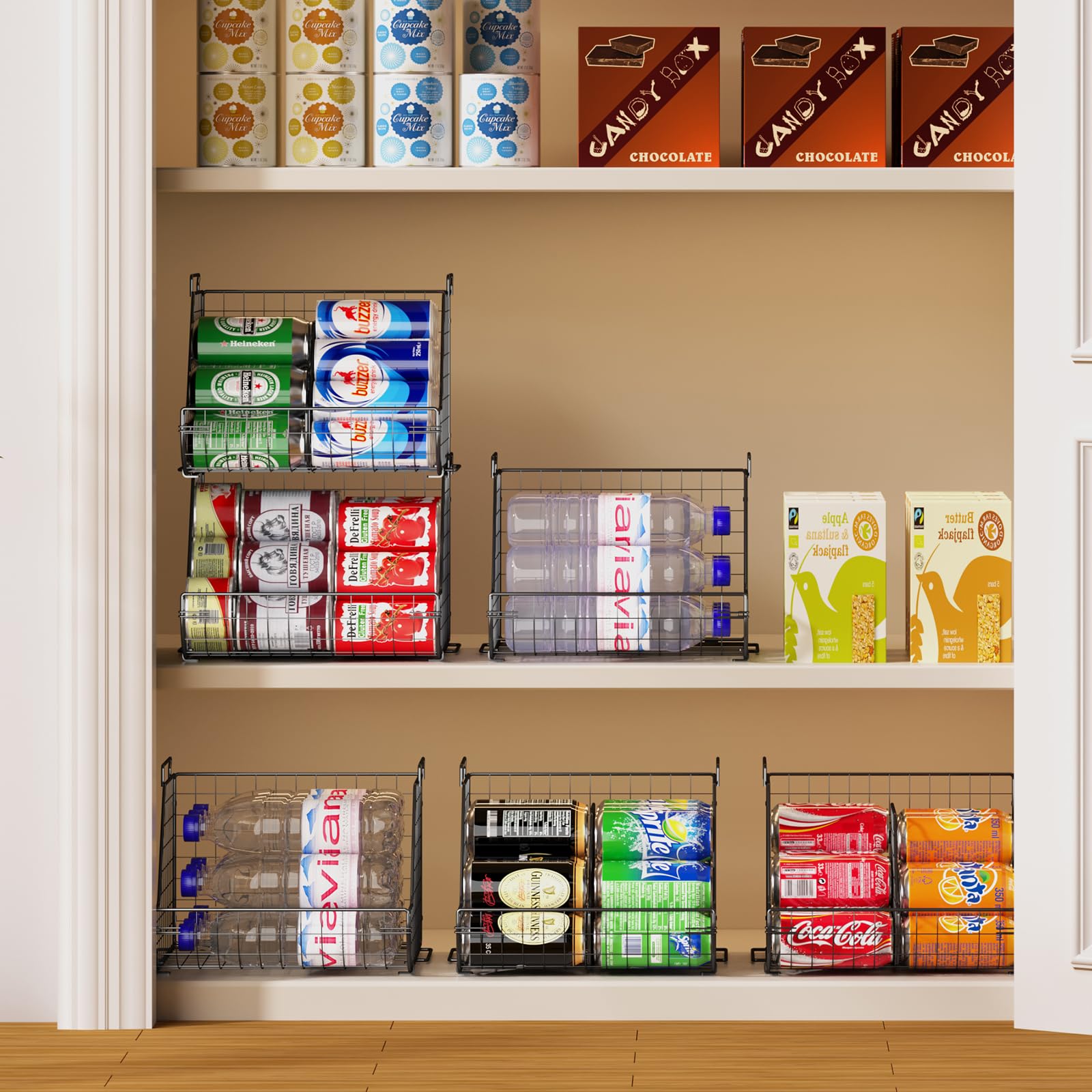 Dispensadores de latas apilables de 3 niveles con 3 divisores, organizador grande de latas de despensa, soporte para botellas de agua de pie, cesta de almacenamiento de latas de refrescos para