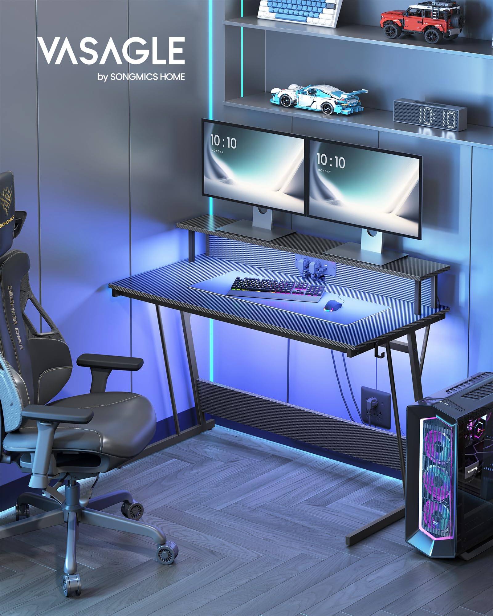 VASAGLE Bureau Gaming avec LED et Multiprise, Table Gamer, Bureau Informatique avec Rehausseur d’Écran, pour 2 Ordinateurs, pour Chambre, 60 x 120 x 76 cm, Noir Carbone LWD192B02