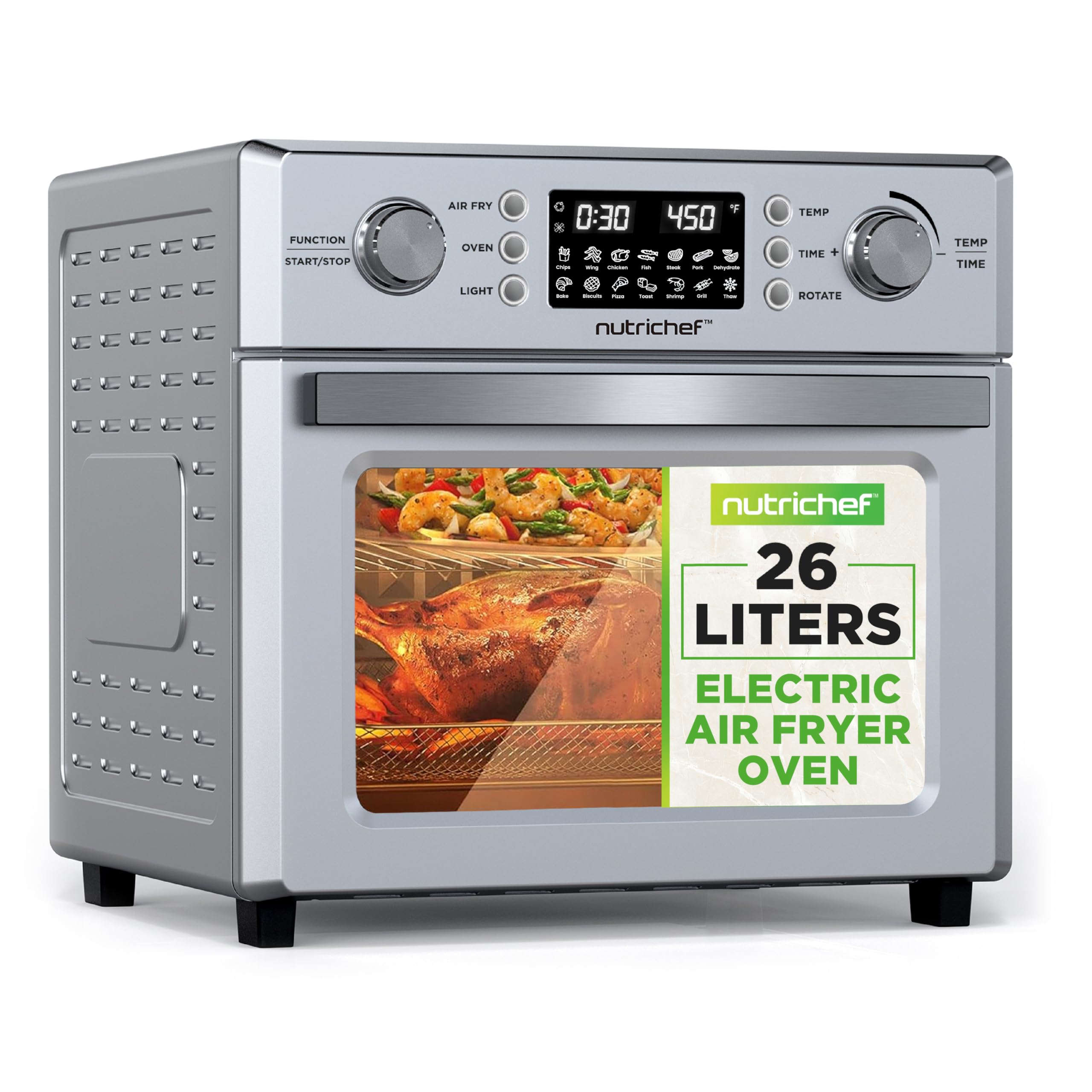 NutriChef 26L Electric Air Fryer Oven | 1700W Countertop Rotisserie & Air Fryer | 360° Rotating Feature | 10 Digital Menu Presets | Includes Drip Tray, Air Frying Basket & Bake Rack 15x16x14 (Silver)