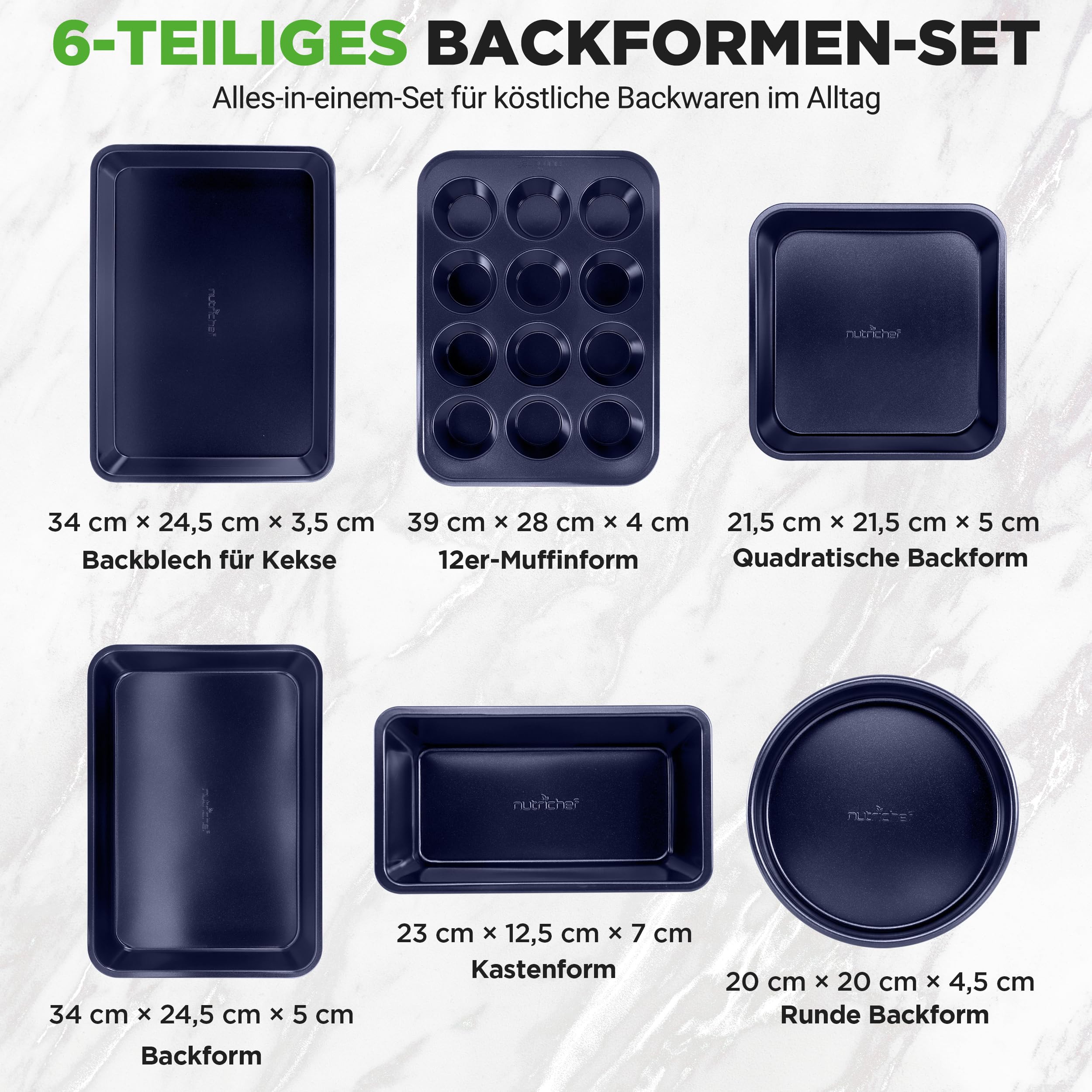 NutriChef Backformen-Set Blau – Backblech, Auflaufform, Muffin Backform, Brotbackform, Antihaft Karbonstahl Ofenfest bis 230 °C, Spülmaschinenfest, Stapelbar – Eckig & Rundes Backset, PFOA-frei