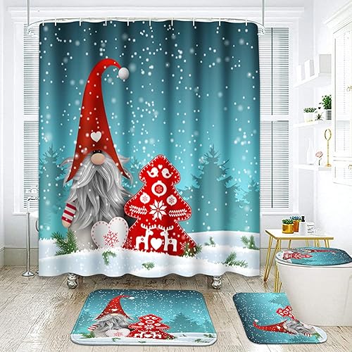 Miniatura 7 de Britimes Juego de 4 cortinas de ducha con 12 ganchos, lindo gnomo de copo de nieve de Navidad con alfombras antideslizantes, cubierta de tapa de