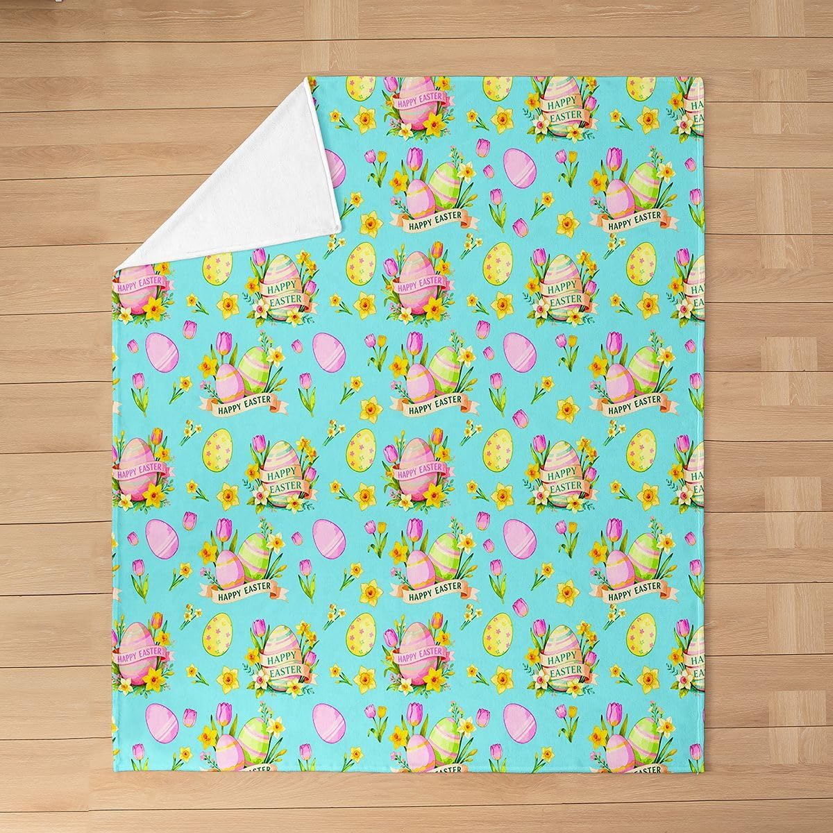 Castle Fairy Colorful Easter Eggs Bed Throws,Watercolor Cartoon Florals Throw Blanket for Kids Boys Gift,Happy Easter Teal Lightweight Blanket for Sofa,Baby Size (30 x 40 Inch)