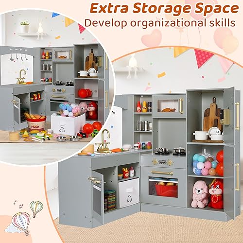 Miniatura 6 de Arlopu Cocina esquinera de madera con luces y sonidos, juego de juguete de cocina con utensilios, horno, microondas, estufa, dispensador de agua