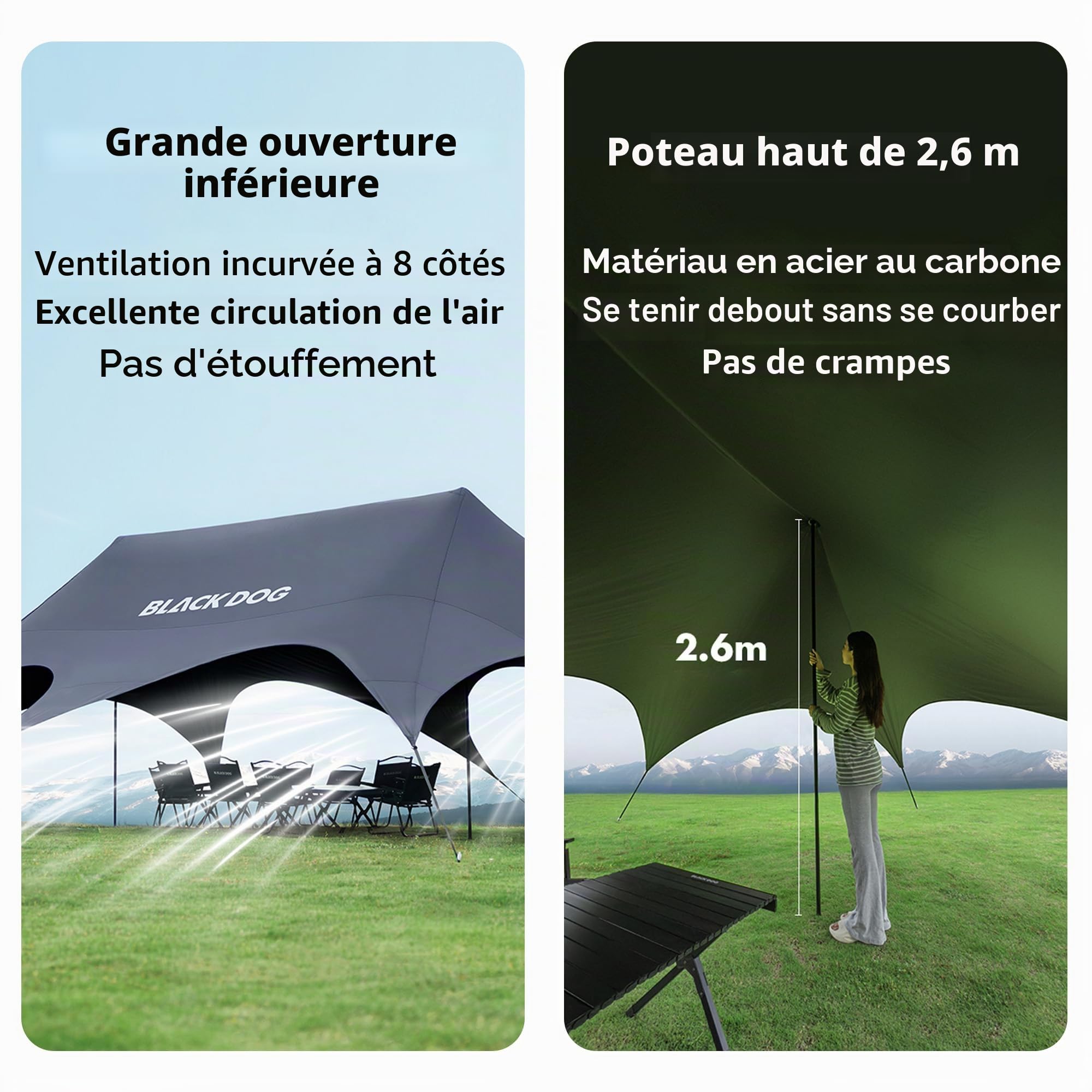 Blackdog 26/60 m² Tente de Camping, Tarp Voile d'Ombrage, Installation Rapide en 2 Étapes, Protection Solaire 360° Journée Complète, Résistance au Vent 6, Imperméabilité PU3000mm, pour Camping