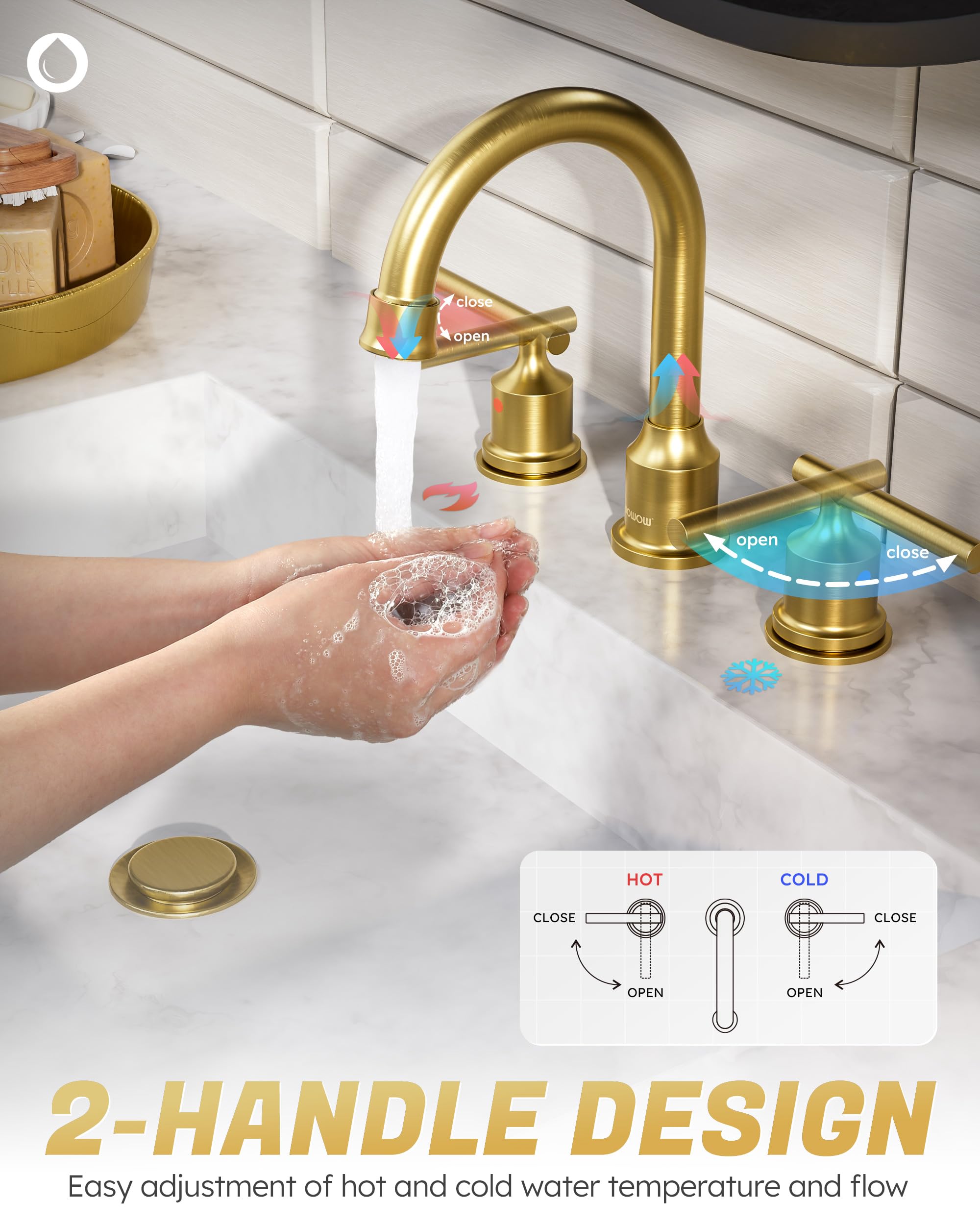 WOWOW Gold Bathroom Faucet 3 Hole Bathroom Sink Faucet Widespread Vanity Faucet 2 Handle Brass Basin Faucet with — view 2