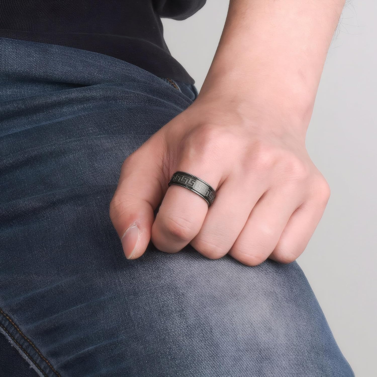 MMTTAO Men's Spinner Anxiety Ring Black/Silver/Blue 8MM Titanium Anxiety Relief Fidget Ring Greek Key Center Spinner Wedding Engagement Bands Matte Brushed Grooved Stepped Edges Comfort Fit Size 5-14
