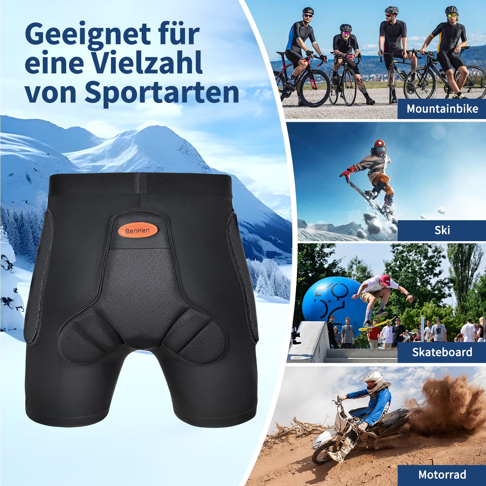 BenKen Sportschutzshorts, 3D Eva Protection Butt Pad, Anti-Kollision-Ski-Schutzausrüstung für Damen und Herren, Schutz Gepolsterte Schlagfeste Shorts für Snowboard, Skating, Rollschuhlaufen