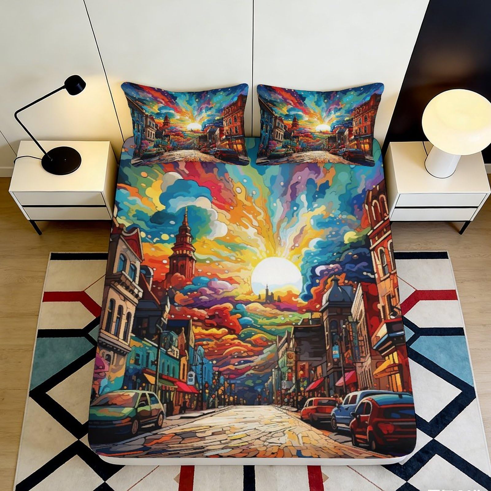 3D Printed Sunset Cityscape Fitted Sheet Microfiber Vibrant Street Art Mattress Cover for Bedroom Dorm Decor 90x200x25cm