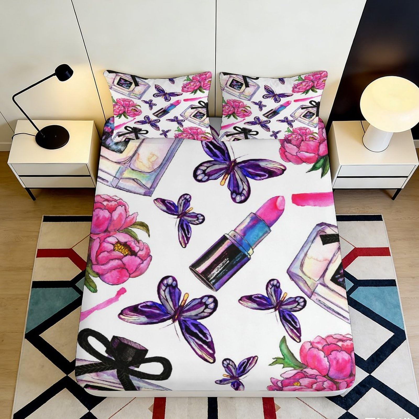 3D Printed Purple Butterfly Fitted Sheet Microfiber Pink Peony Bed Cover Lipstick Pattern for Bedroom Guest Room Mattress Protection 140x200x25cm