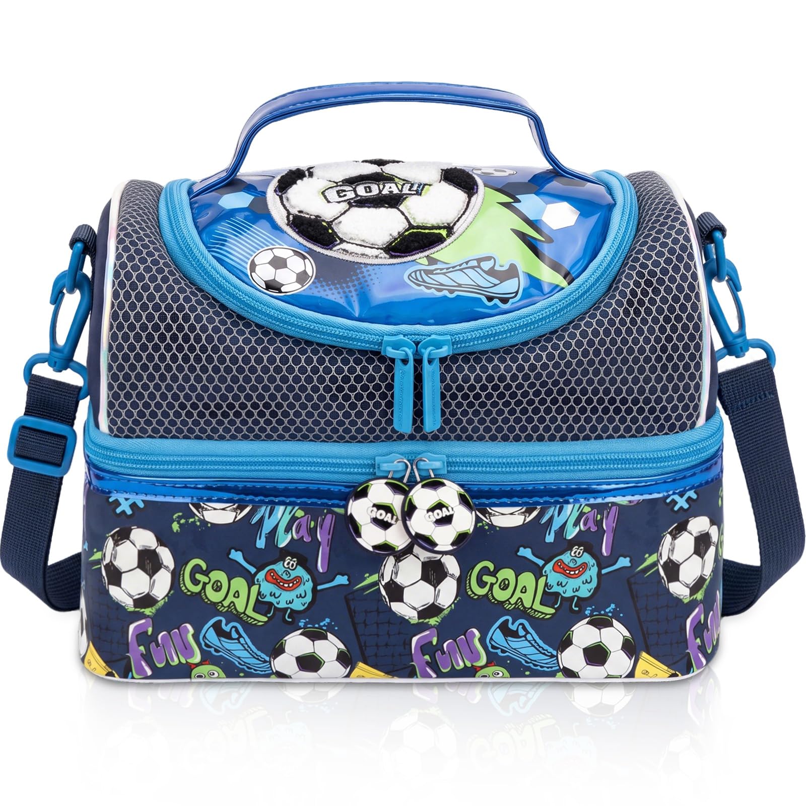 PinkSheep Kids Double Decker Cooler Insulated Lunch Bag Large Tote for Boys, Girls, Men, Women, with Adjustable Strap, Unicorn (Football D)
