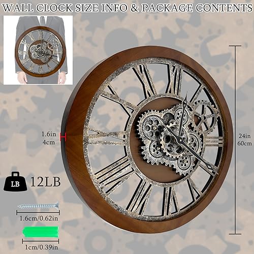 Miniatura 4 de HOIBAI Relojes para decoración de sala de estar, reloj de pared grande de 24 pulgadas (23.6 in), reloj de pared con engranaje móvil, reloj de pared