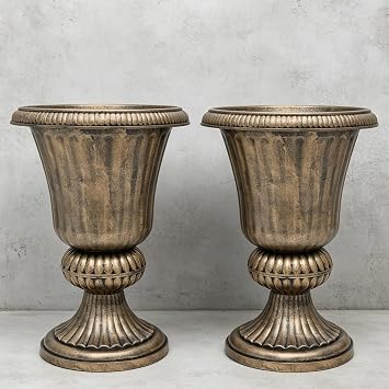 MoNiBloom 20 Plastic Urn Planter Vase Set of 2 Vintage Roman Flower Pot for Indoor & Outdoor Plants, Patio, Garden, Wedding Decor, Lightweight & Drainage Hole, Retro Home Porch Decor Brass