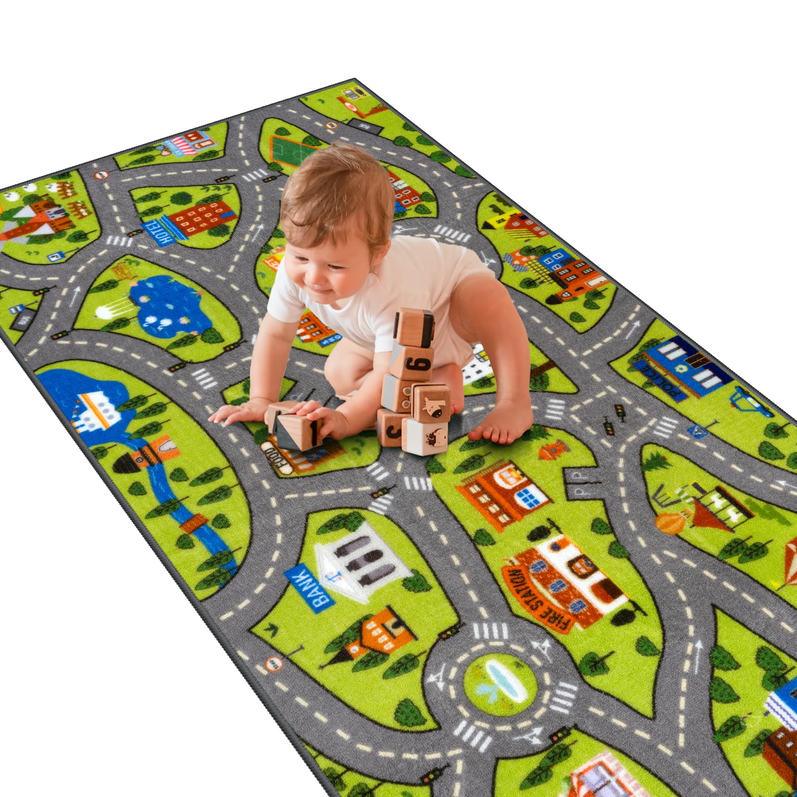 STARUIA Washable Kids Play Rug for Playroom, Boys Car Rug for Kids Toy Cars Have Fun Safely, Non-Slip Educational City Road Rugs Carpets for Kid Room Bedroom, 60