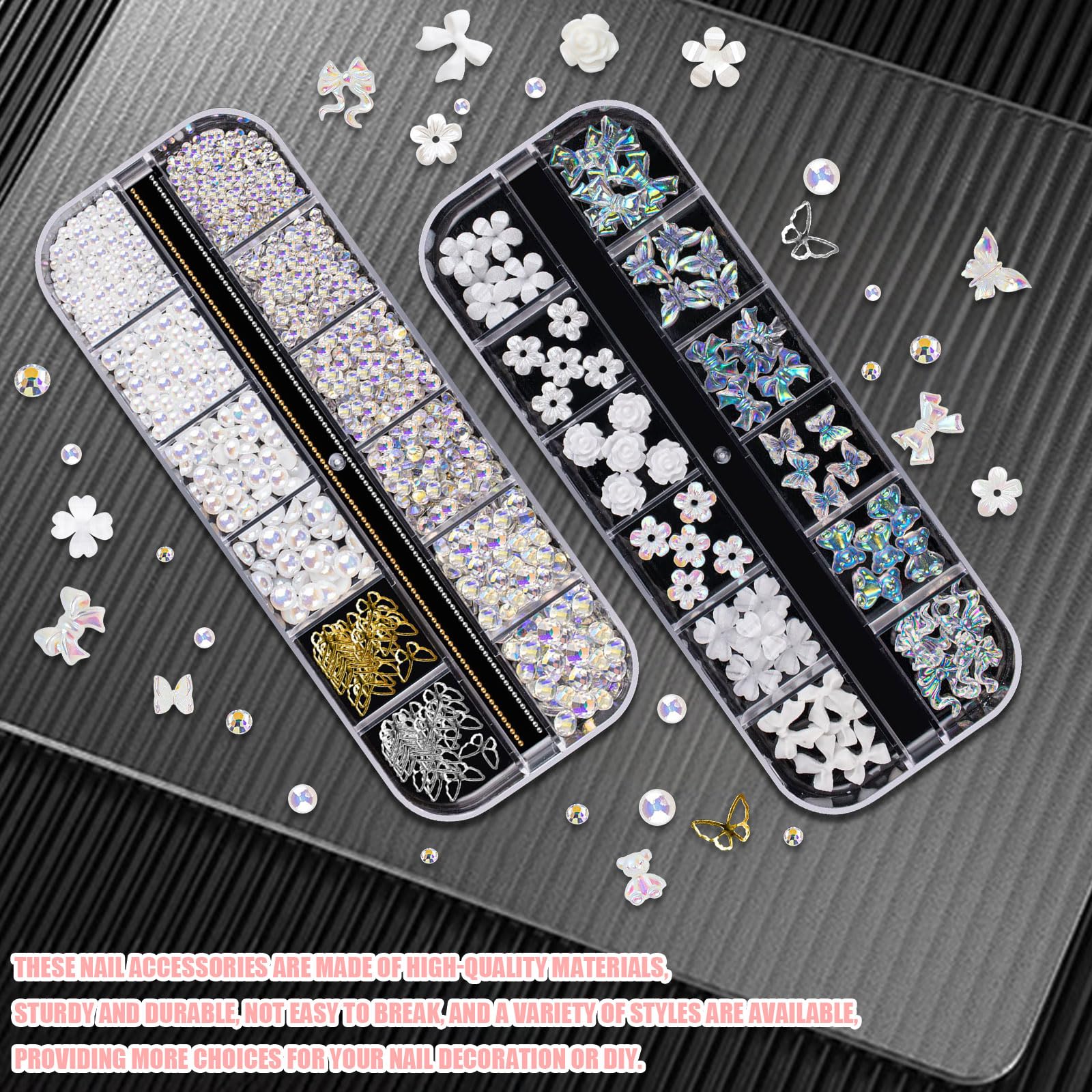 Nail Art Rhinestones and Pearls,2 Boxes Butterfly Bowknot Flower Nail Charms,Aurora Bear 3D Nail Art Decorations for Manicure Design DIY Crafting Party Daily Wedding - Image 3